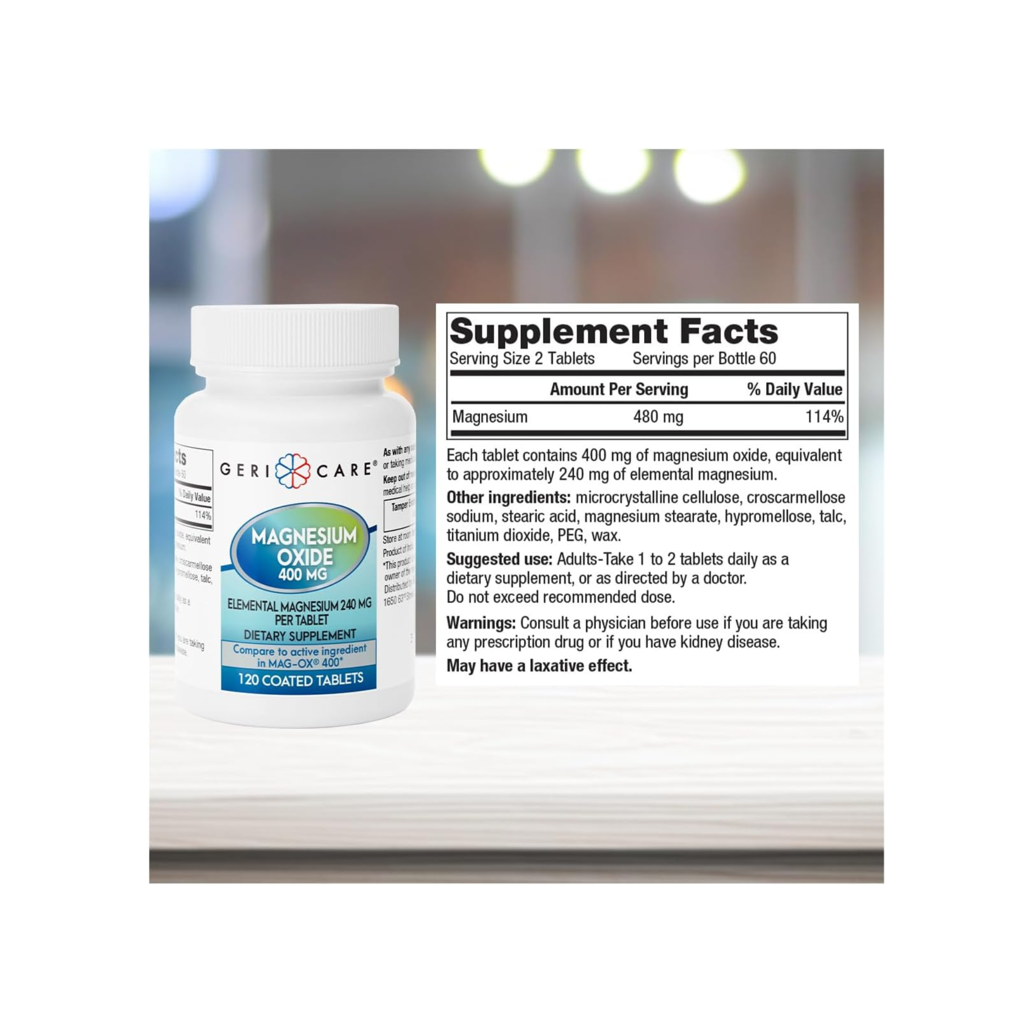 Geri-Care, Magnesium Oxide 400 mg, Essential Mineral Supplement for Immune Support & Muscle Recovery, 120 Tablets