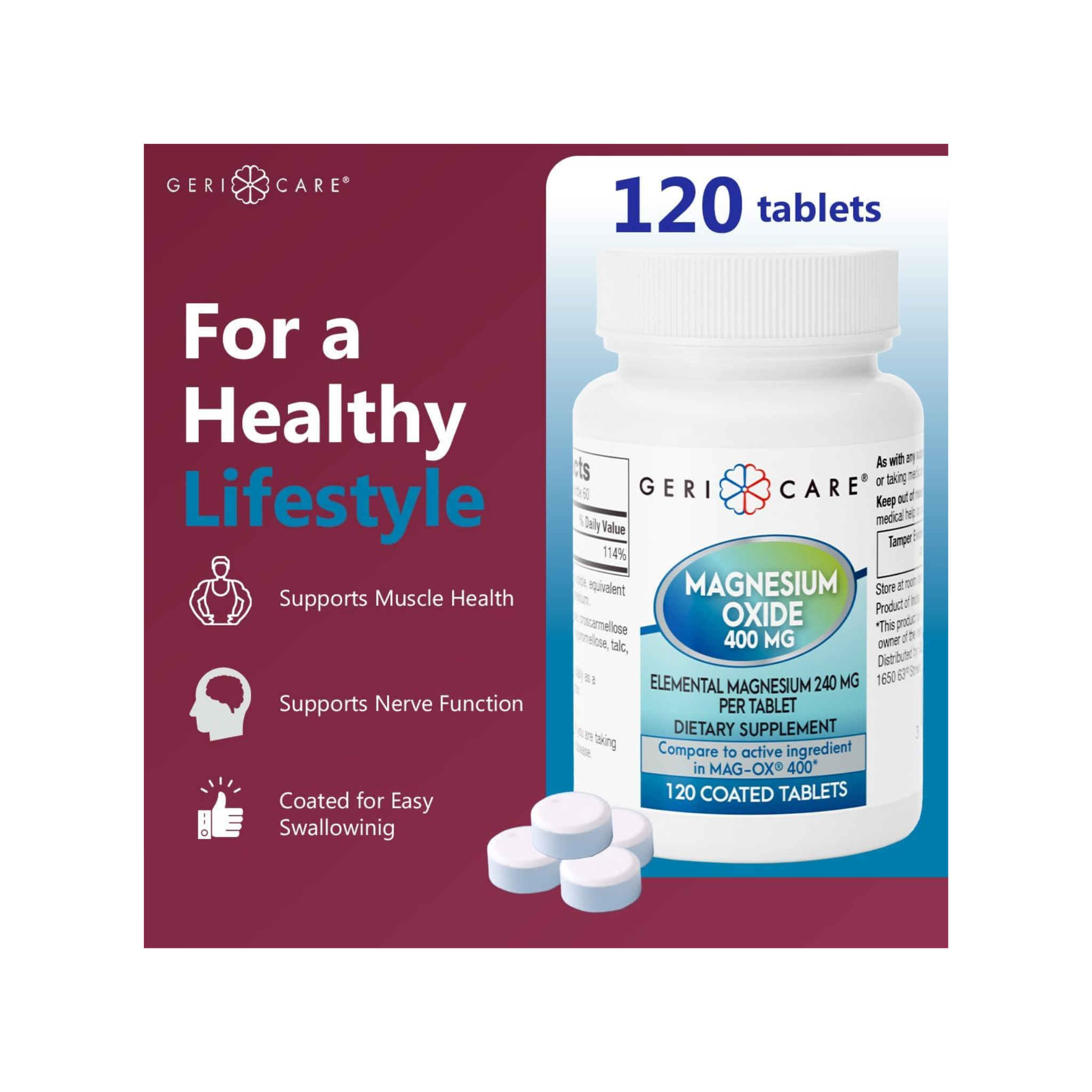 Geri-Care, Magnesium Oxide 400 mg, Essential Mineral Supplement for Immune Support & Muscle Recovery, 120 Tablets