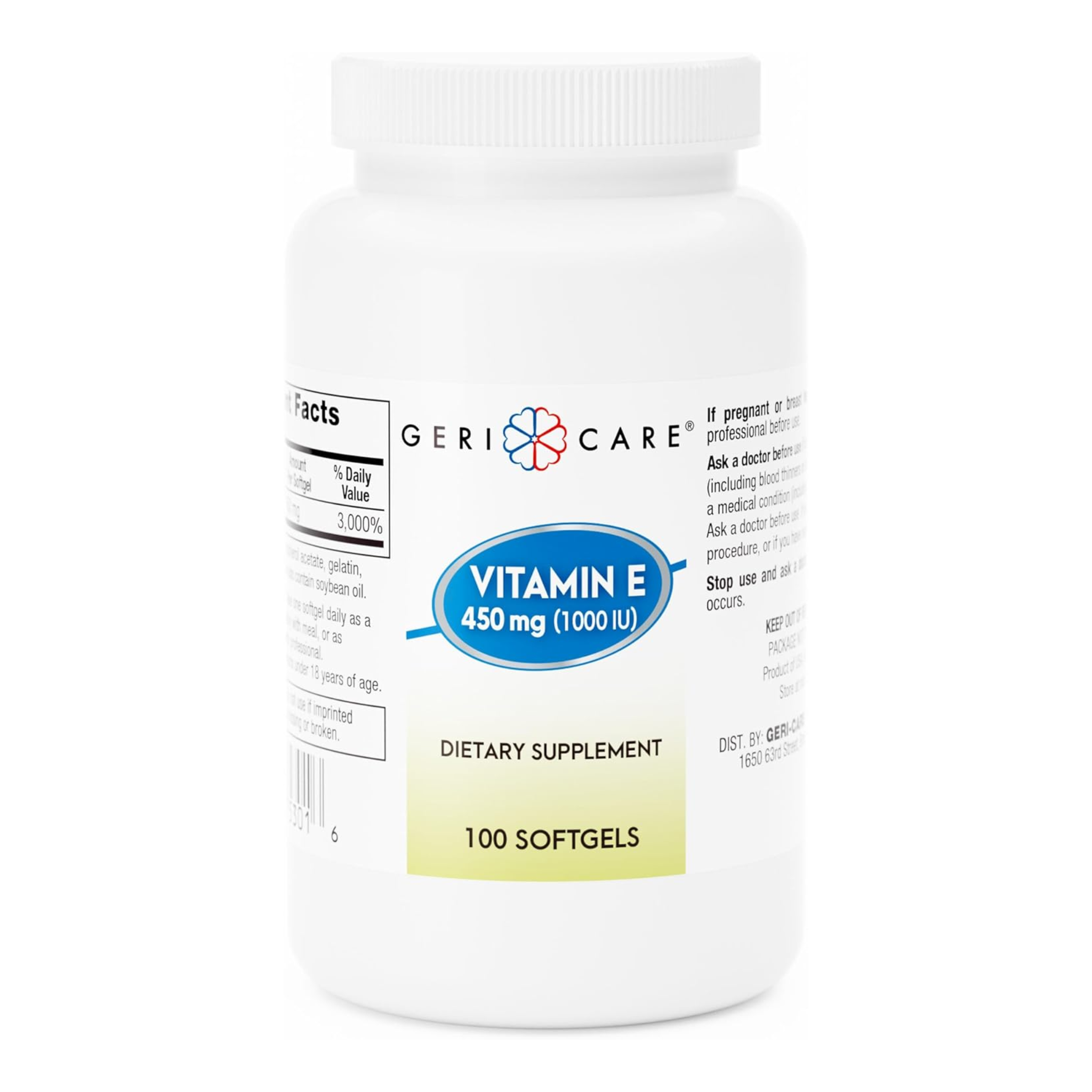 GeriCare, High-Potency Vitamin E 1000 IU Capsules, Skin & Immune Support, 100 Ct