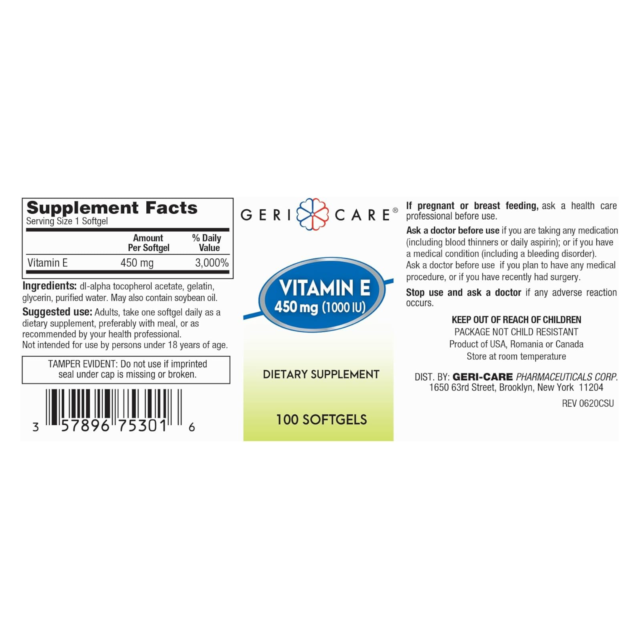 GeriCare, High-Potency Vitamin E 1000 IU Capsules, Skin & Immune Support, 100 Ct