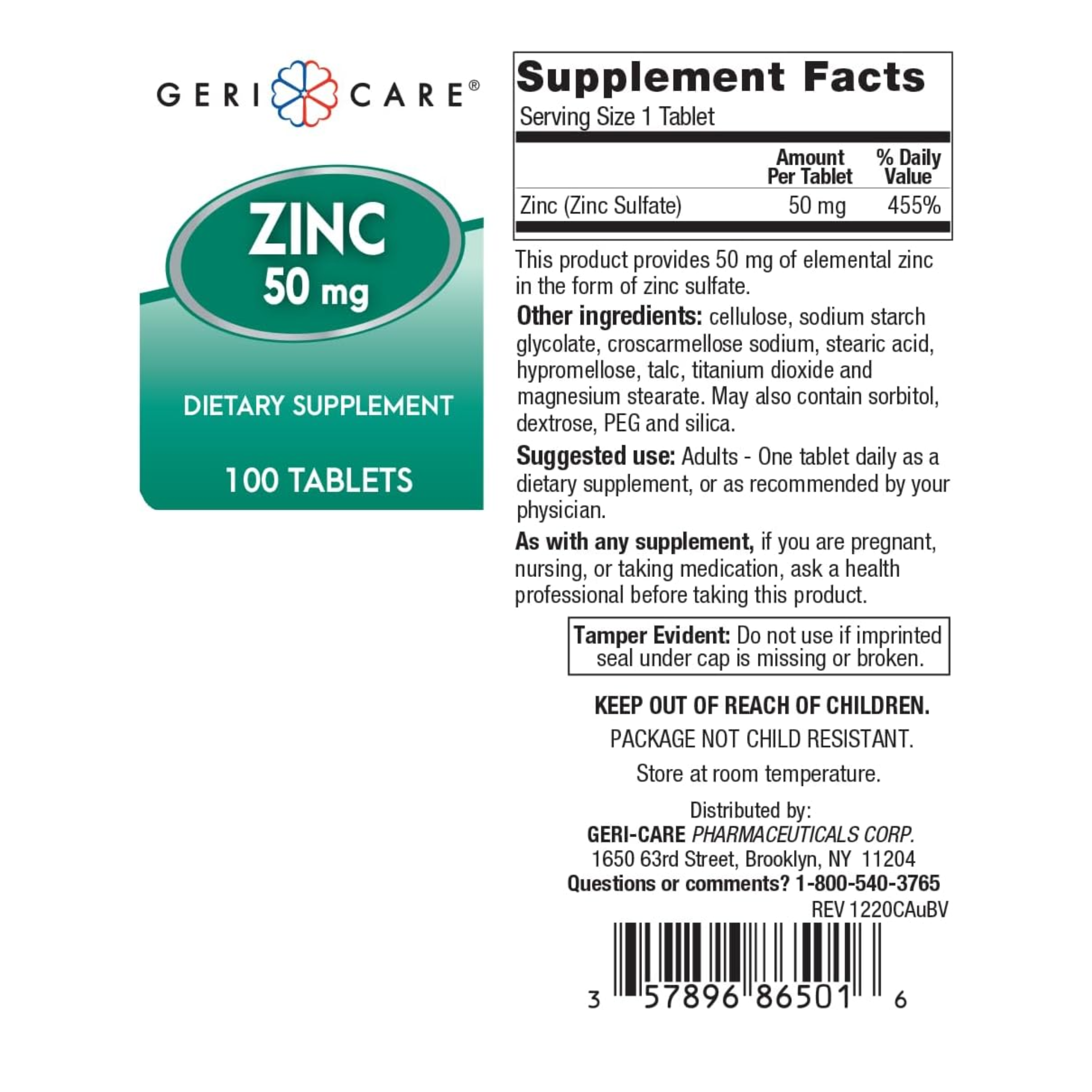 GeriCare, Zinc Sulfate 220 mg, Essential Mineral Supplement for Immune & Cellular Support, 100 Tablets