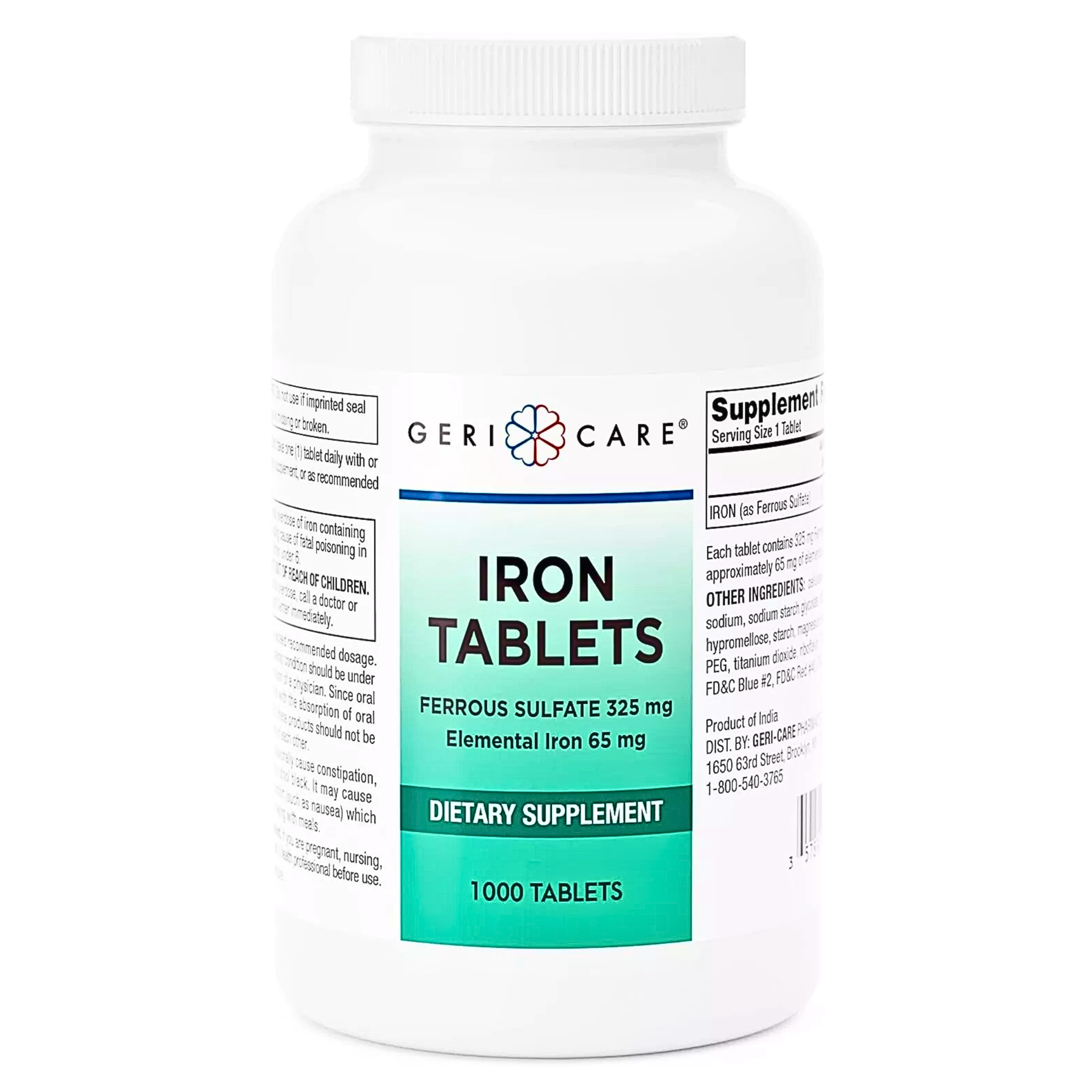 Geri-Care, Ferrous Sulfate 325 mg, High-Potency Iron Supplement for Red Blood Cell Support, 1000 Tablets