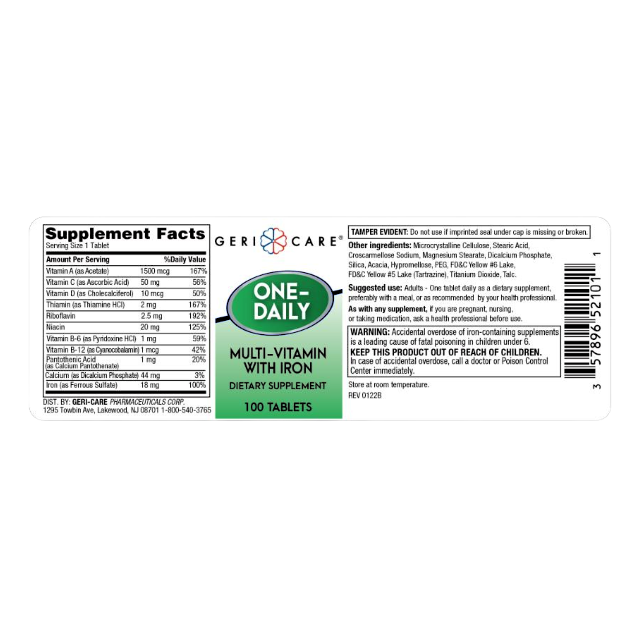 Geri-Care, Daily Multi-Vitamin with Iron, Supports Immune Health for Men & Women, 100 Tablets, 1 Bottle