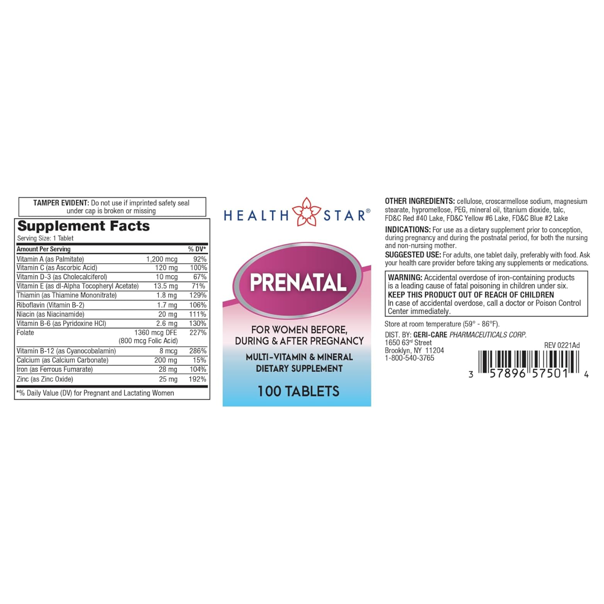 GeriCare, Prenatal Vitamin Supplement, Supports Maternal Health & Fetal Development, 100 Tablets