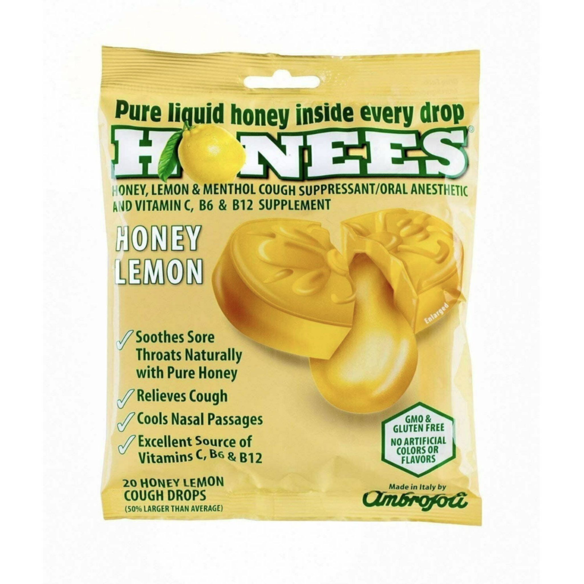 Honees Honey Menthol Cough Drops Honey Lemon, 20 Each (Pack of 12)