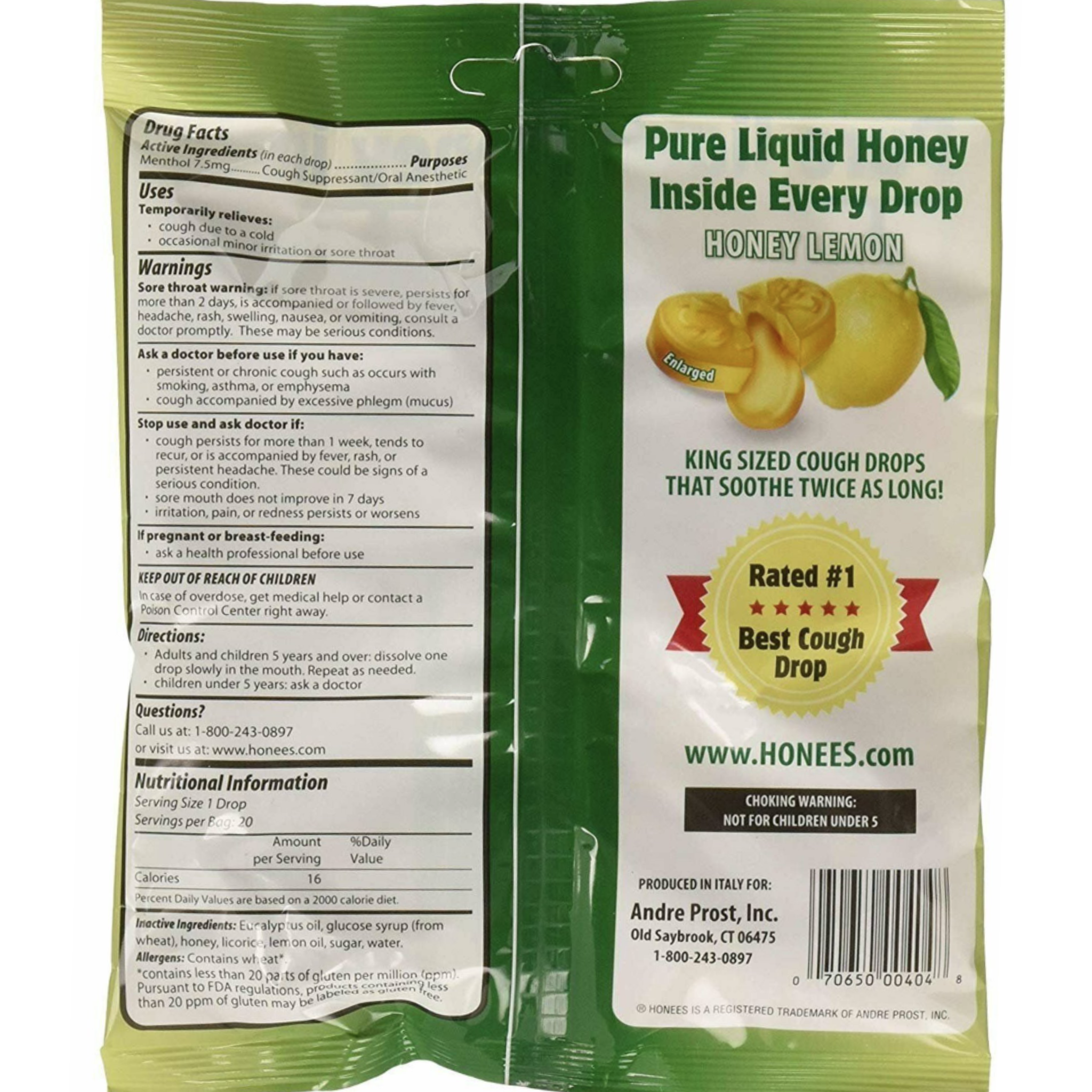 Honees Honey Menthol Cough Drops Honey Lemon, 20 Each (Pack of 12)