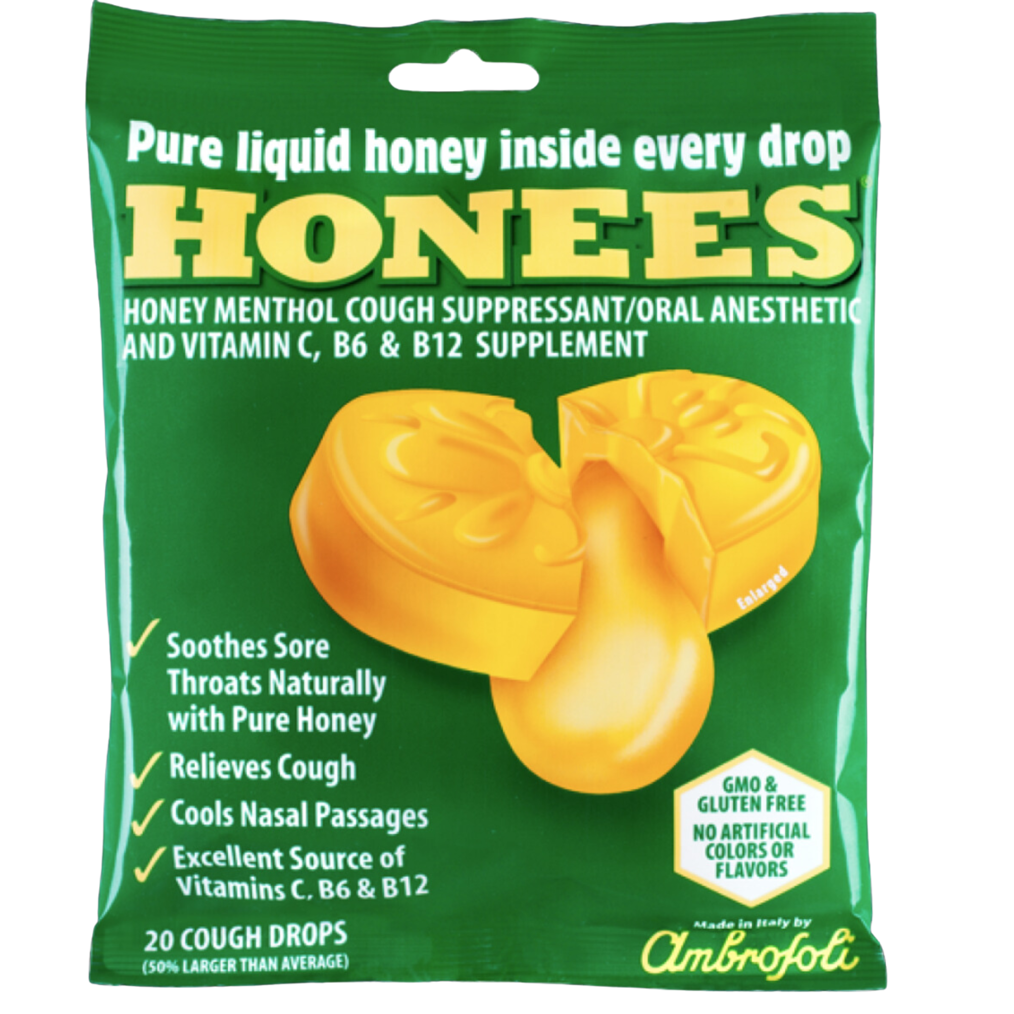 Honees Menthol Enlarged Cough Drops Honey, 20 Each (Pack of 12)
