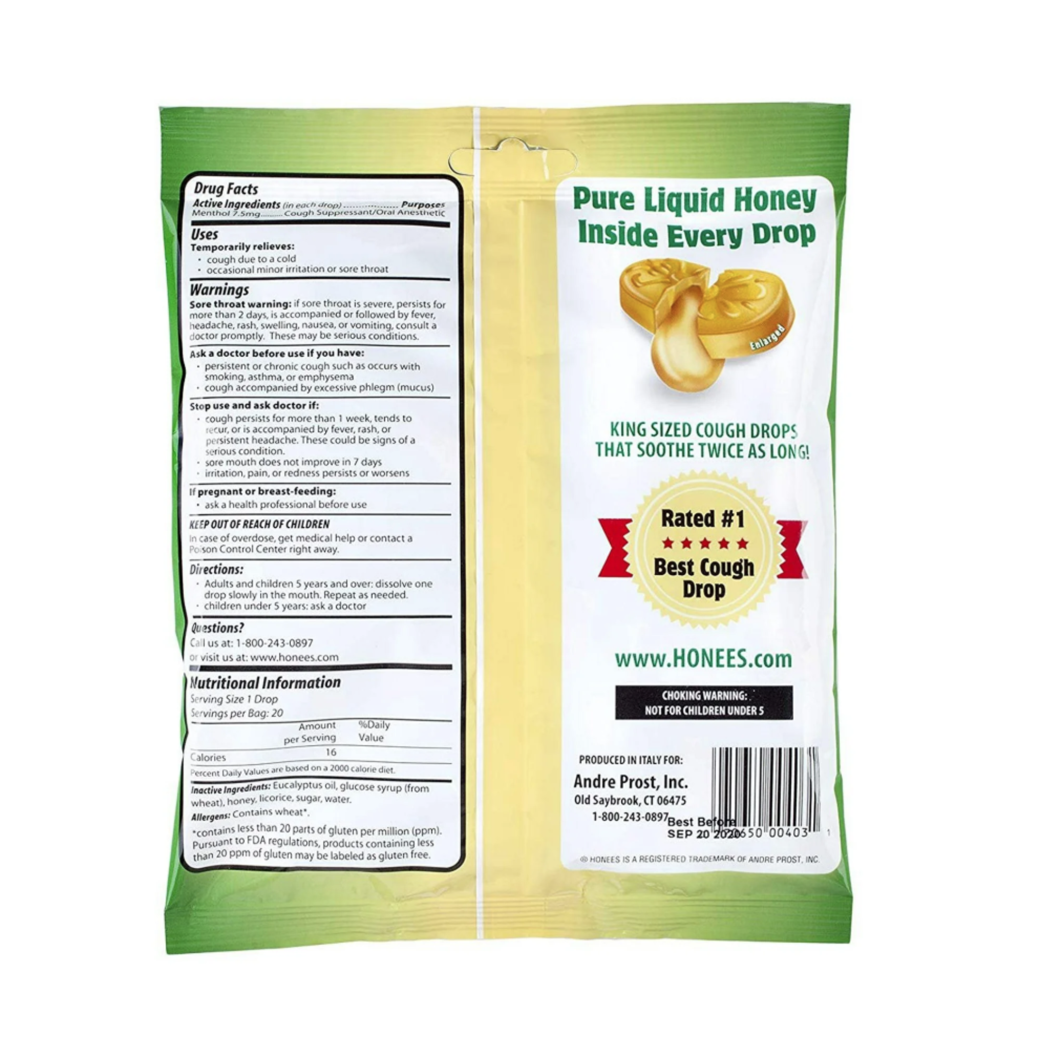 Honees Menthol Enlarged Cough Drops Honey, 20 Each (Pack of 12)