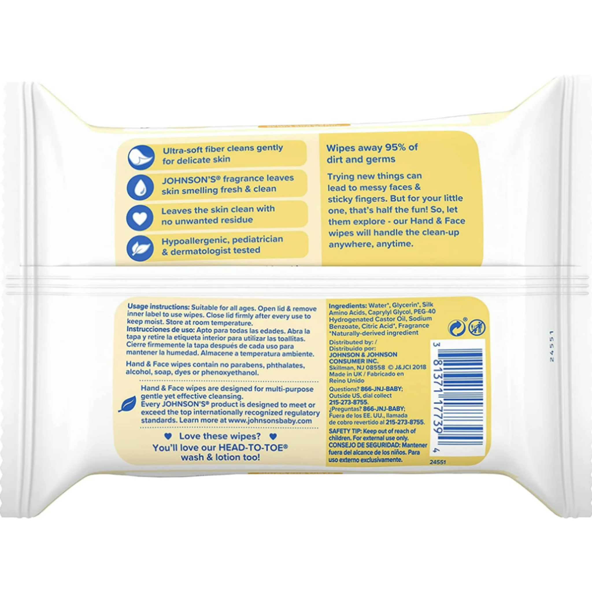 Johnson's Baby Hand & Face Cleansing Wipes to Remove 95% of Germs and Dirt from Skin, Pre-Moistened Allergy-Tested Wipes, Paraben & Alcohol-Free, 25 ct