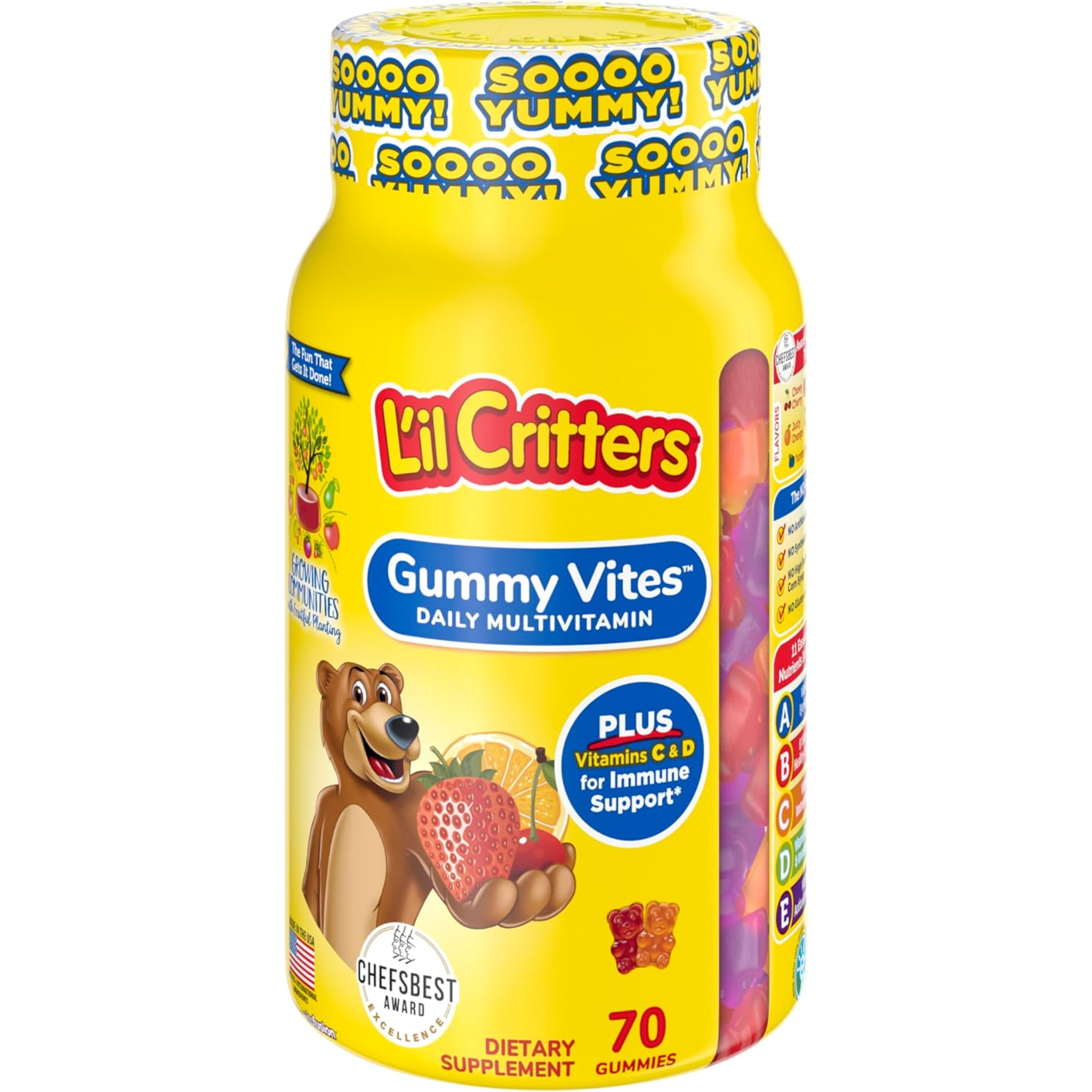 L'il Critters, Gummy Vites Daily Gummy Multivitamins, Immune Support with Vitamin C and D3, Delicious Cherry, Strawberry, Orange, Pineapple, and Blueberry Flavors, 70 Count Gummies