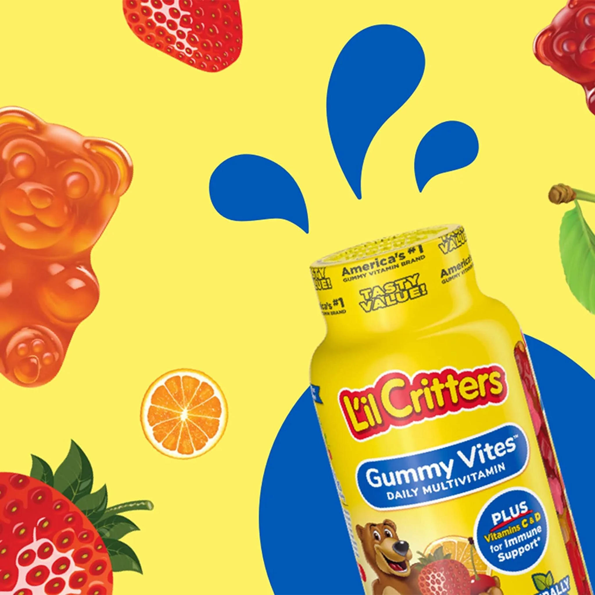 L'il Critters, Gummy Vites Daily Gummy Multivitamins, Immune Support with Vitamin C and D3, Delicious Cherry, Strawberry, Orange, Pineapple, and Blueberry Flavors, 70 Count Gummies - Pharmaful