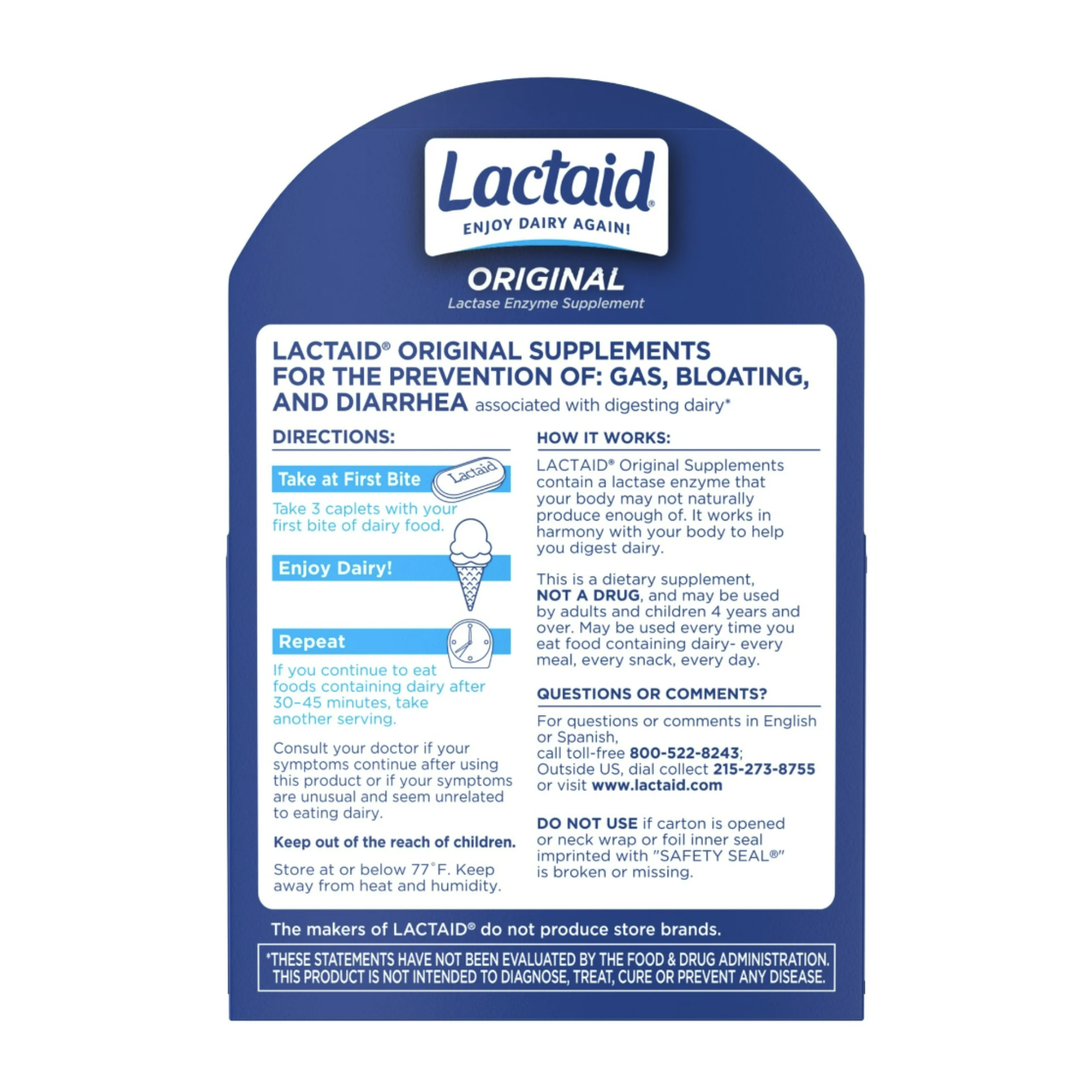 Lactaid Original Strength Lactose Intolerance Relief Caplets, 120 Ct