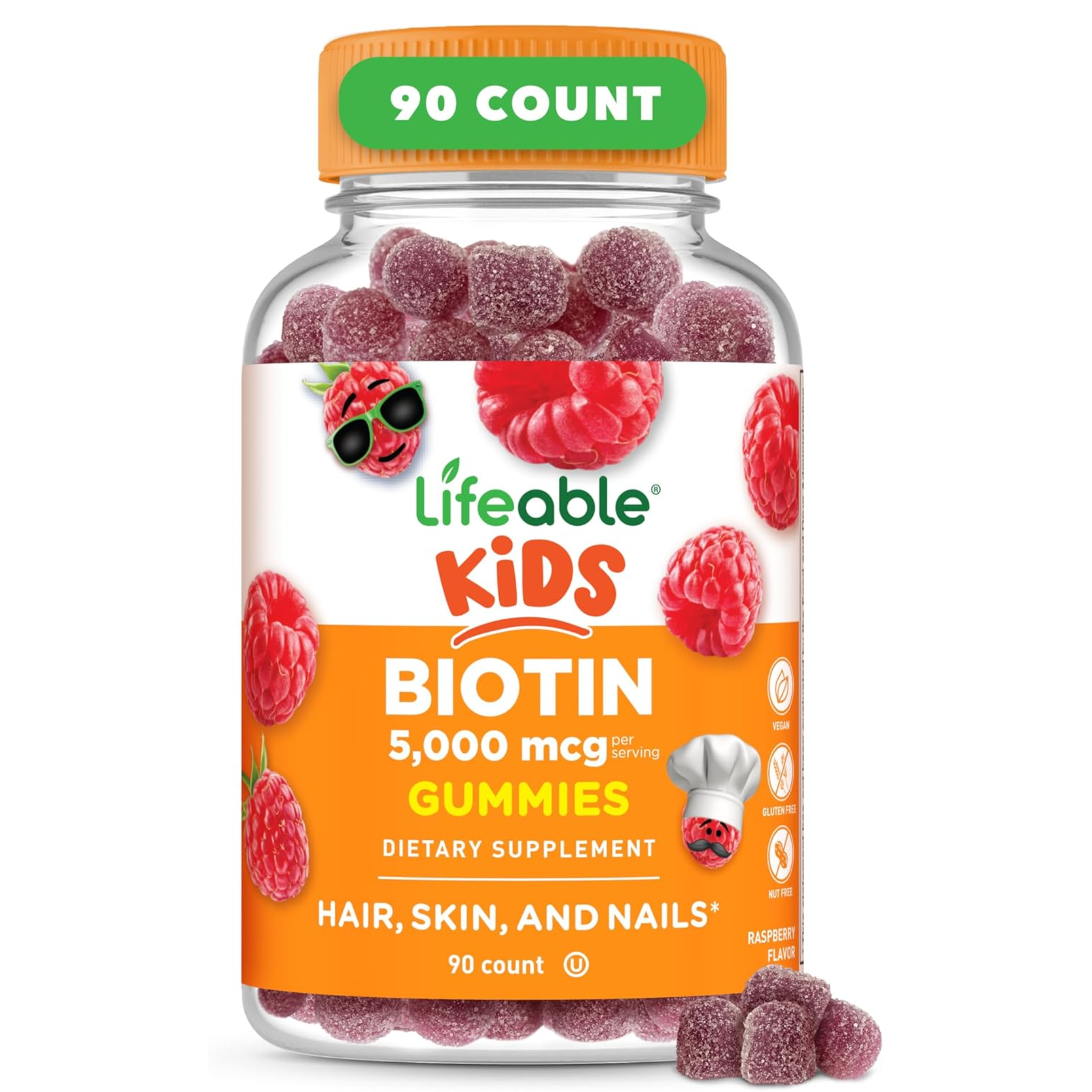 Lifeable, Kids Biotin Gummies, 5000 mcg, Natural Flavor, Hair Skin and Nail Support, Vegan and Non-GMO Supplement, 90 Count