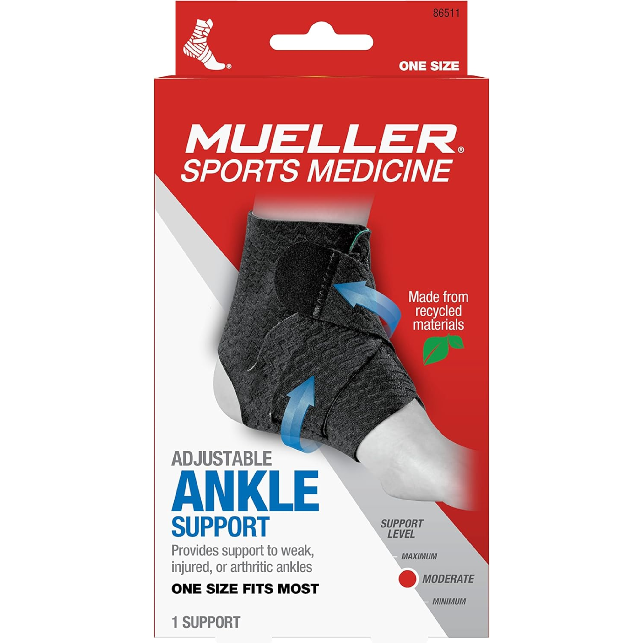 MUELLER, Adjustable Sports Medicine Ankle Support, Comfortable Pain Relief for Men and Women, Ideal for Sprains, Strains, Arthritis, One Size, Black