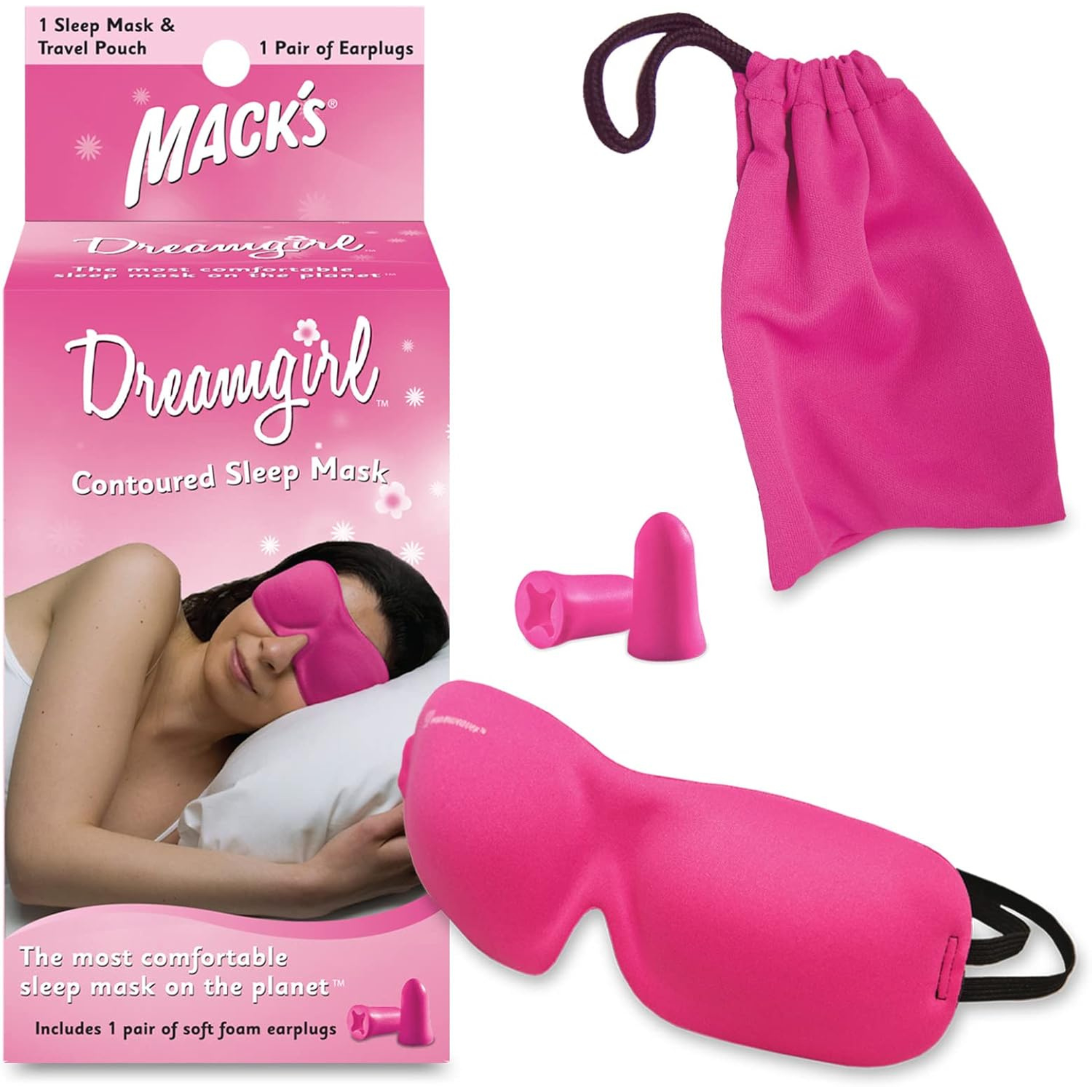 Macks Dreamgirl Contoured Sleep Mask, Free Pair Of Soft Foam Earplugs For Her, Fuchsia