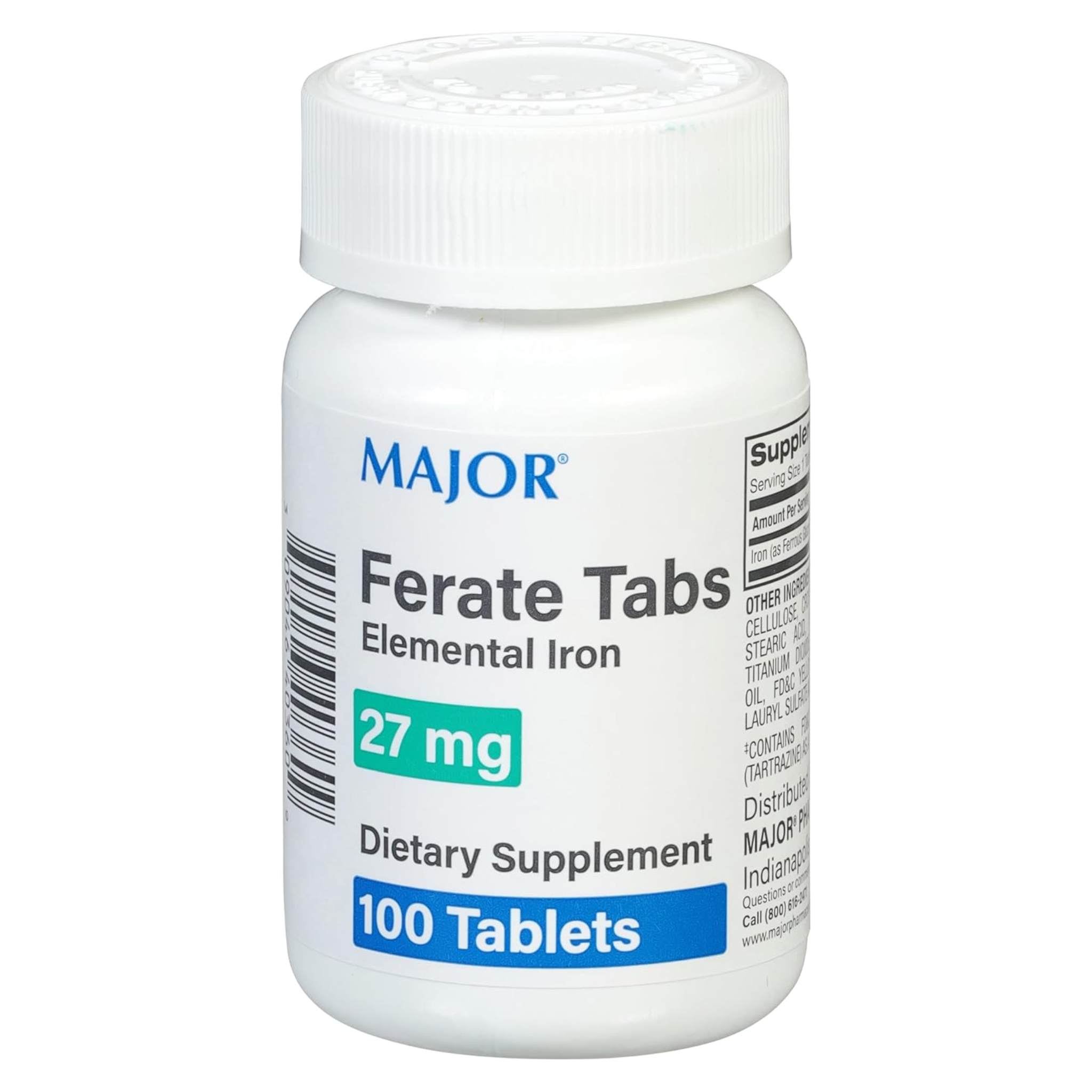 Major, Ferate Elemental Iron 27 mg, Iron Supplement for Red Blood Cell Support, 100 Tablets