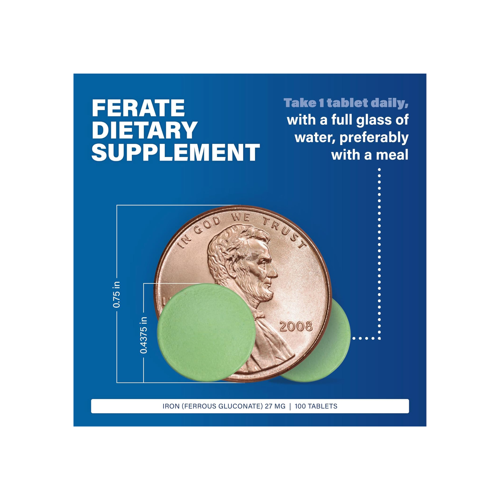 Major, Ferate Elemental Iron 27 mg, Iron Supplement for Red Blood Cell Support, 100 Tablets