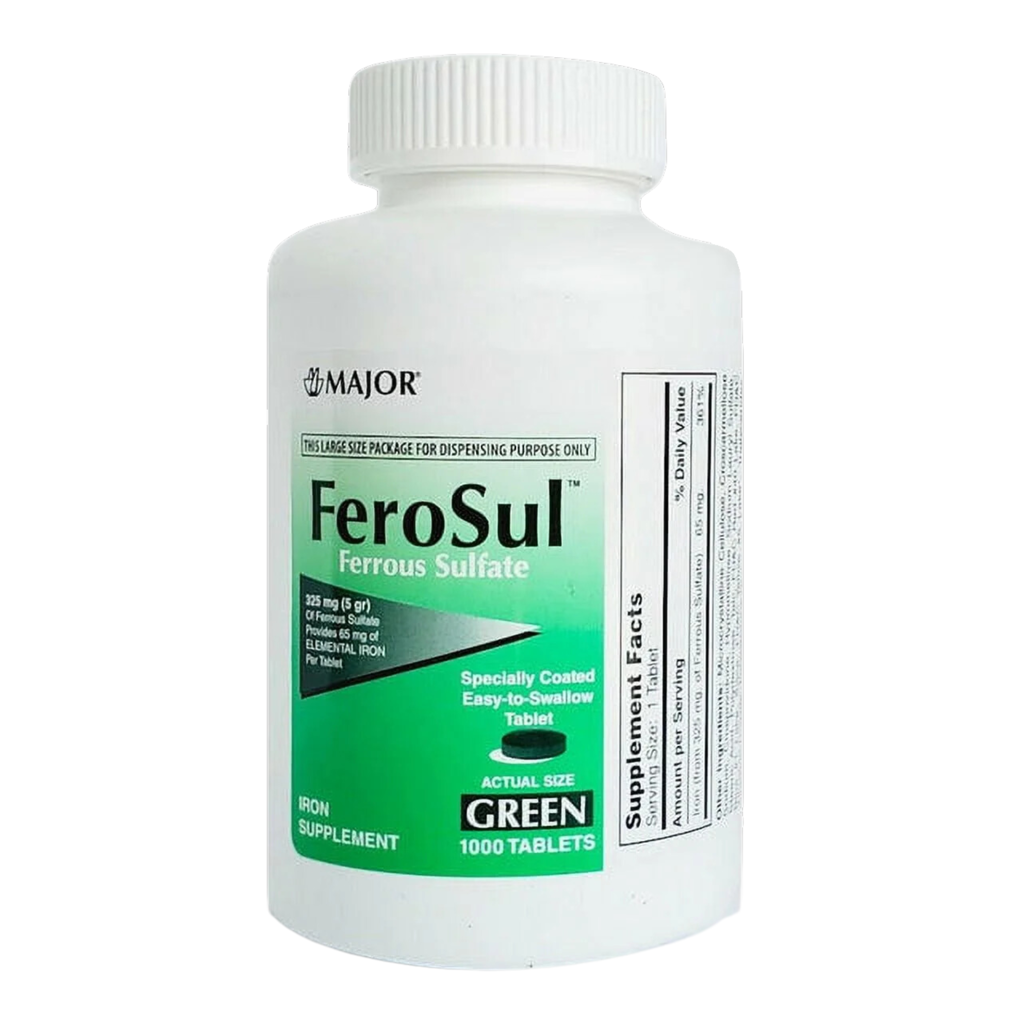 Major, FeroSul Ferrous Sulfate 325 mg, High-Potency Iron Supplement for Red Blood Cell Support, 1000 Green Tablets