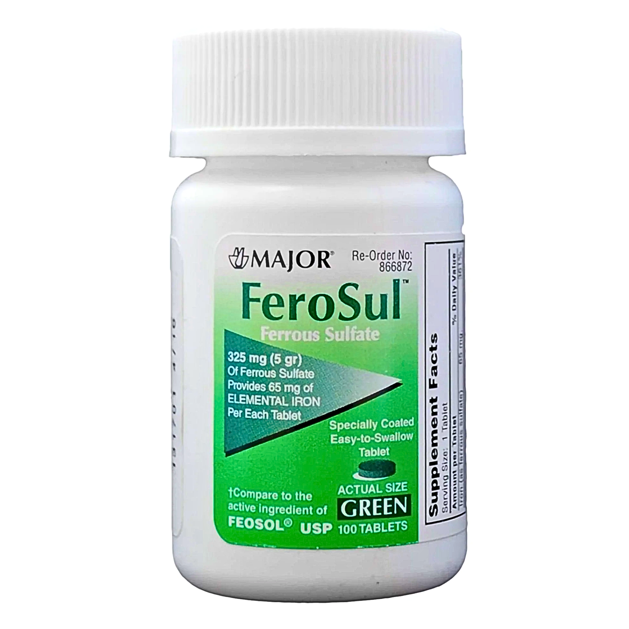 Major, FeroSul Ferrous Sulfate 325 mg, High-Potency Iron Supplement for Red Blood Cell Support, 100 Green Tablets