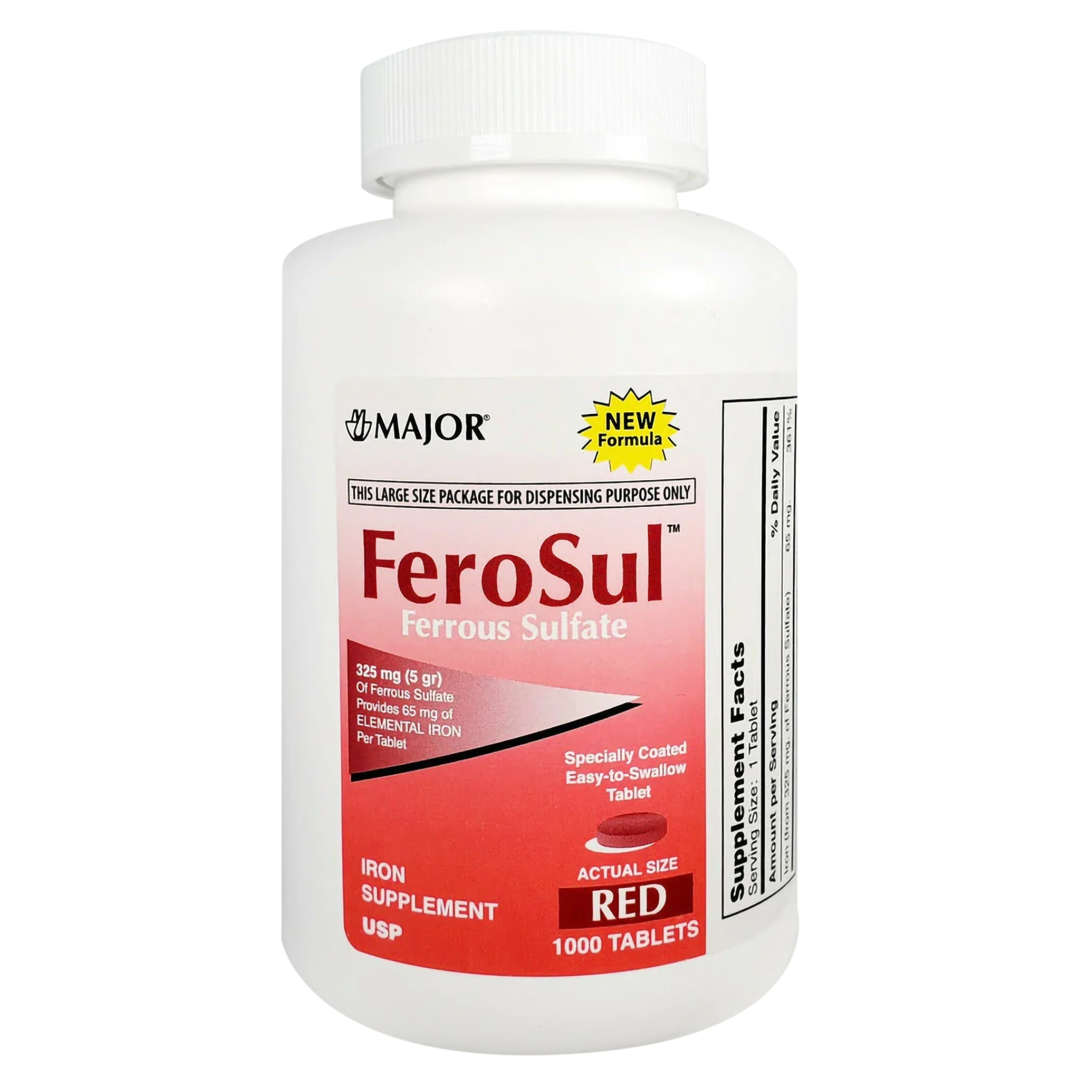 Major, FeroSul Ferrous Sulfate 325 mg, High-Potency Iron Supplement for Red Blood Cell Support, 1000 Red Tablets