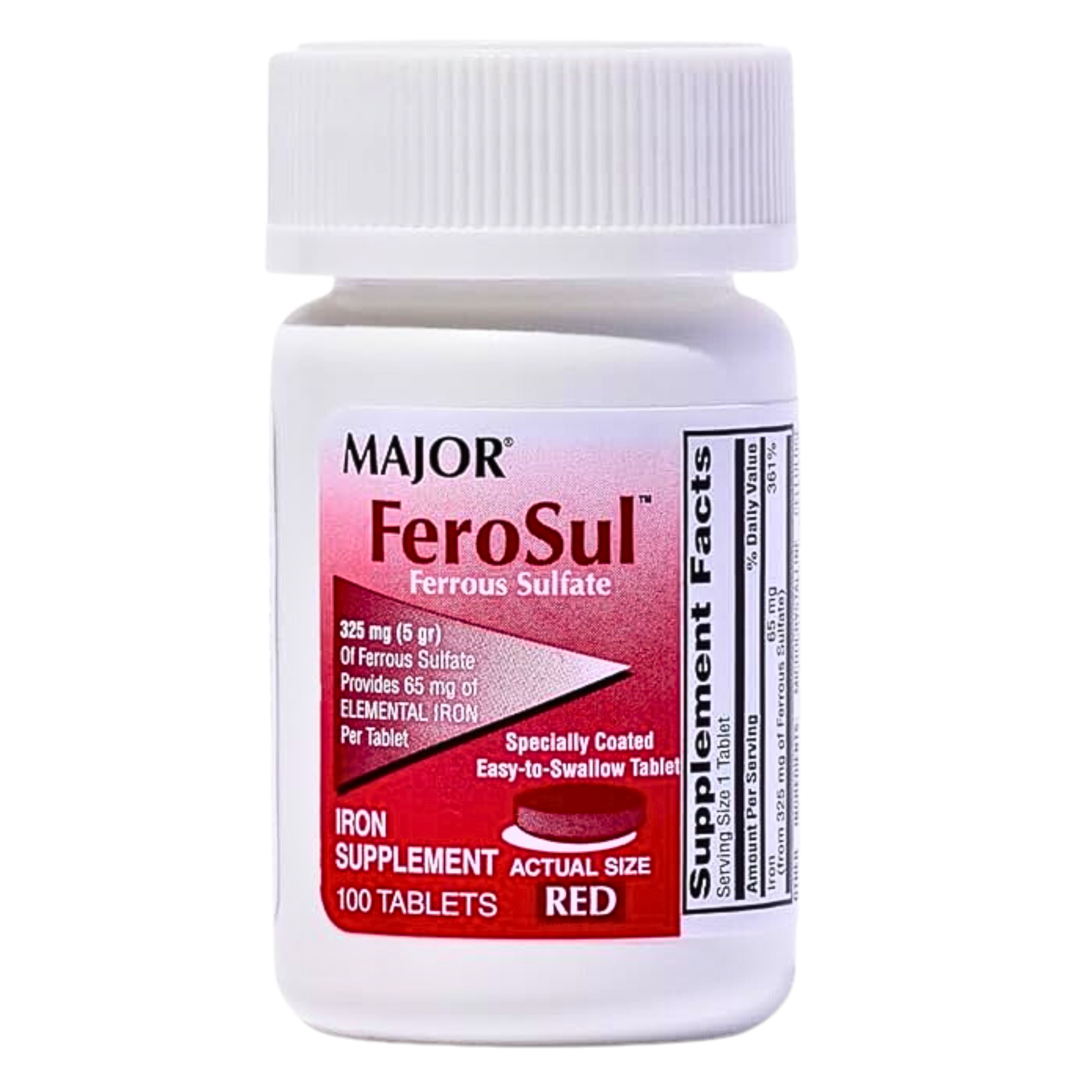 Major, FeroSul Ferrous Sulfate 325 mg, High-Potency Iron Supplement for Red Blood Cell Support, 100 Red Tablets