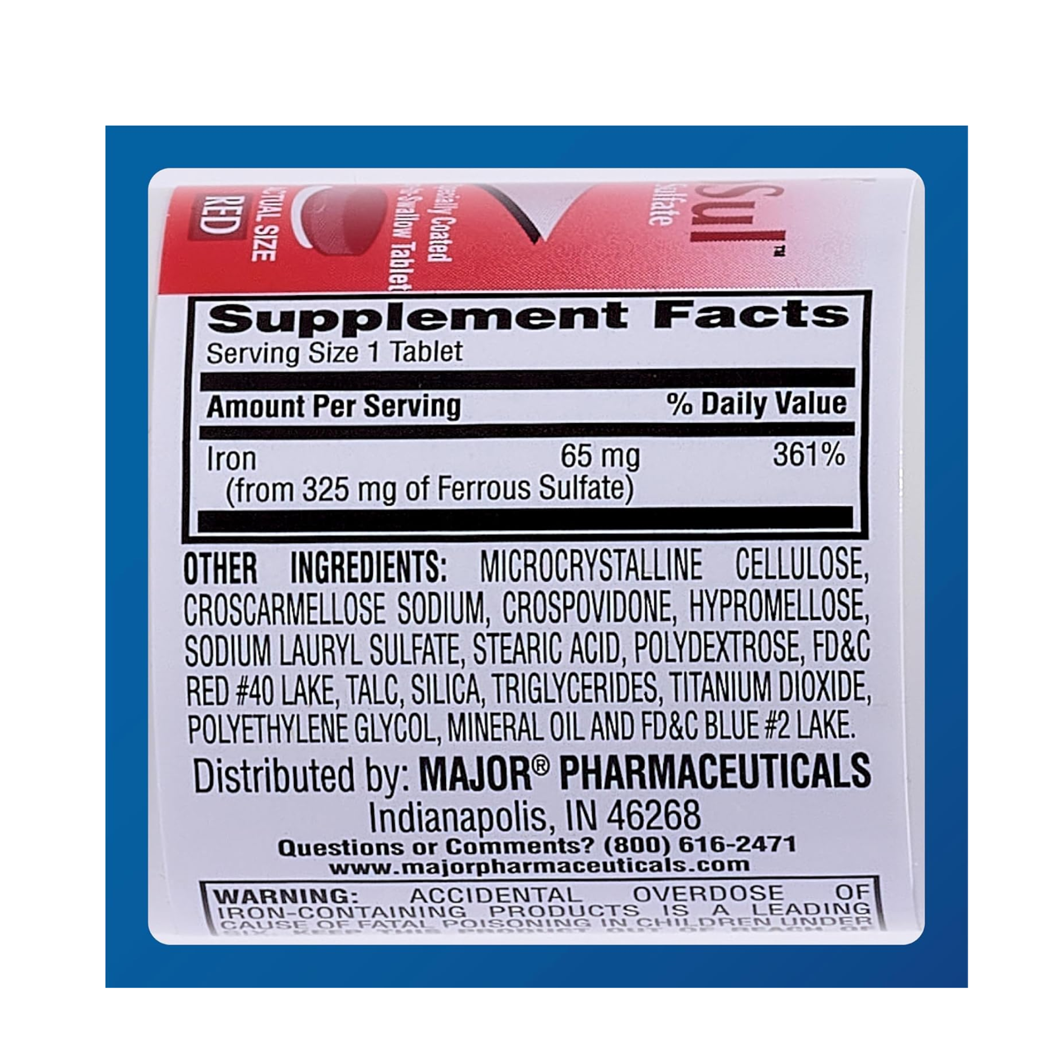 Major, FeroSul Ferrous Sulfate 325 mg, High-Potency Iron Supplement for Red Blood Cell Support, 100 Red Tablets