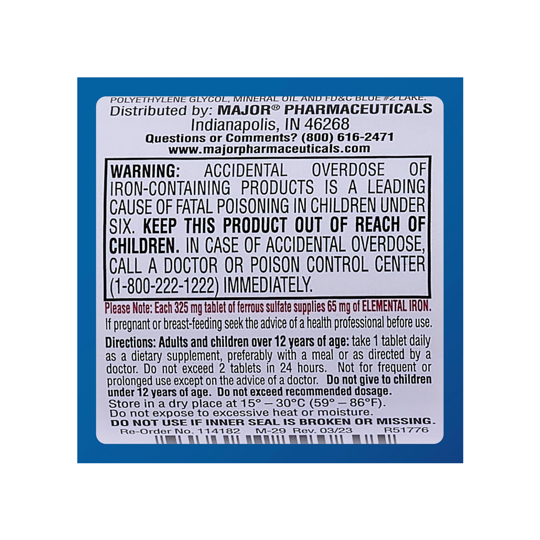 Major, FeroSul Ferrous Sulfate 325 mg, High-Potency Iron Supplement for Red Blood Cell Support, 100 Red Tablets