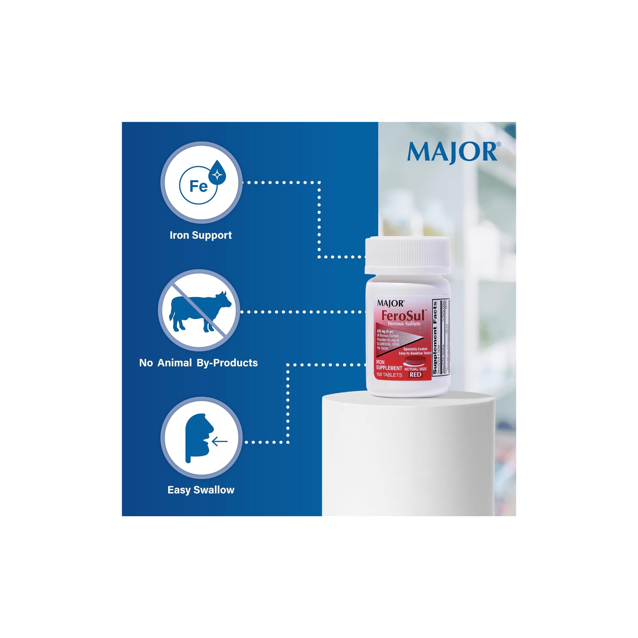 Major, FeroSul Ferrous Sulfate 325 mg, High-Potency Iron Supplement for Red Blood Cell Support, 100 Red Tablets
