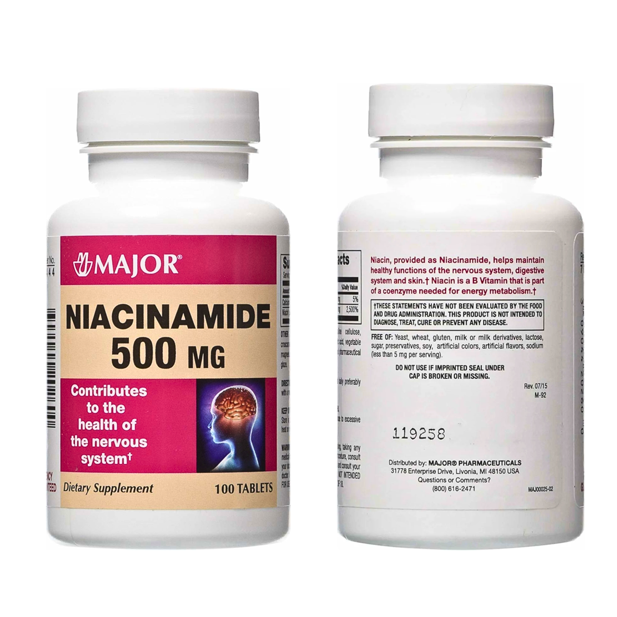 Major, Niacinamide Vitamin B3 Tablets, Supports Energy & Metabolism, 500 mg, 100 Count