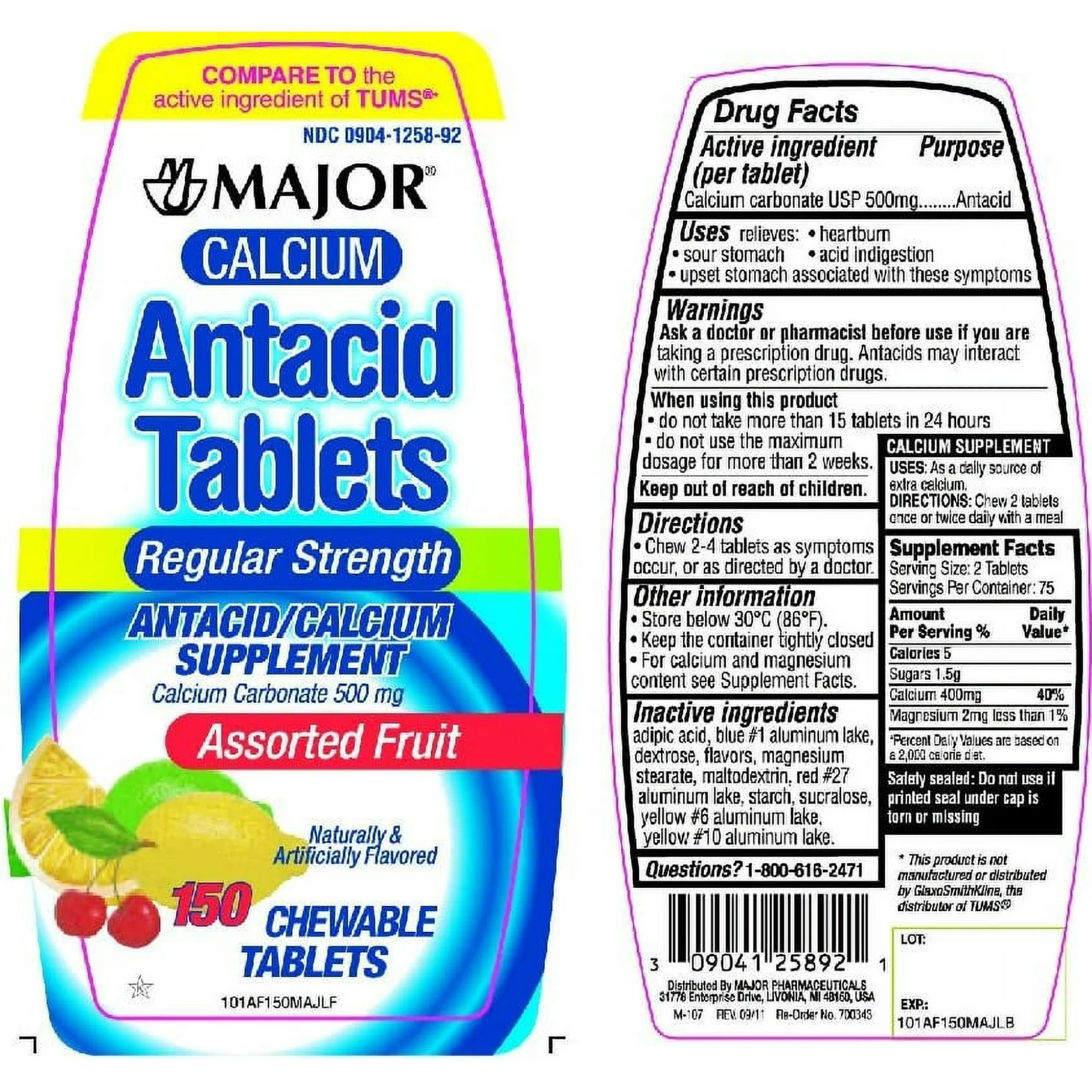 Major, Calcium Antacid Tablets, Regular Strength for Sour Stomach Relief, 500mg, 150 Count