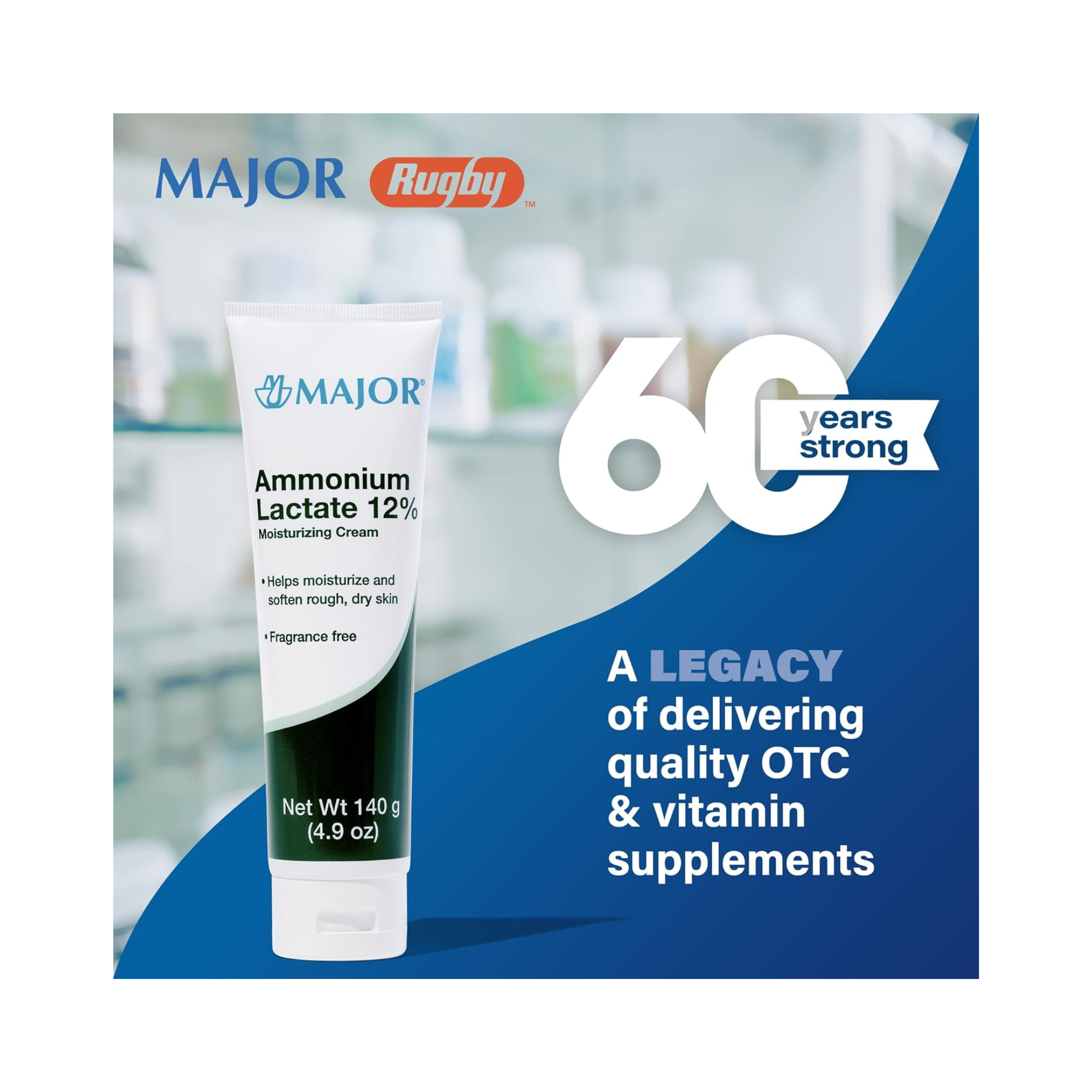 Major, Ammonium Lactate 12% Moisturizing Cream, Hydrating & Exfoliating for Rough Dry Skin, Fragrance-Free, 4.9 oz