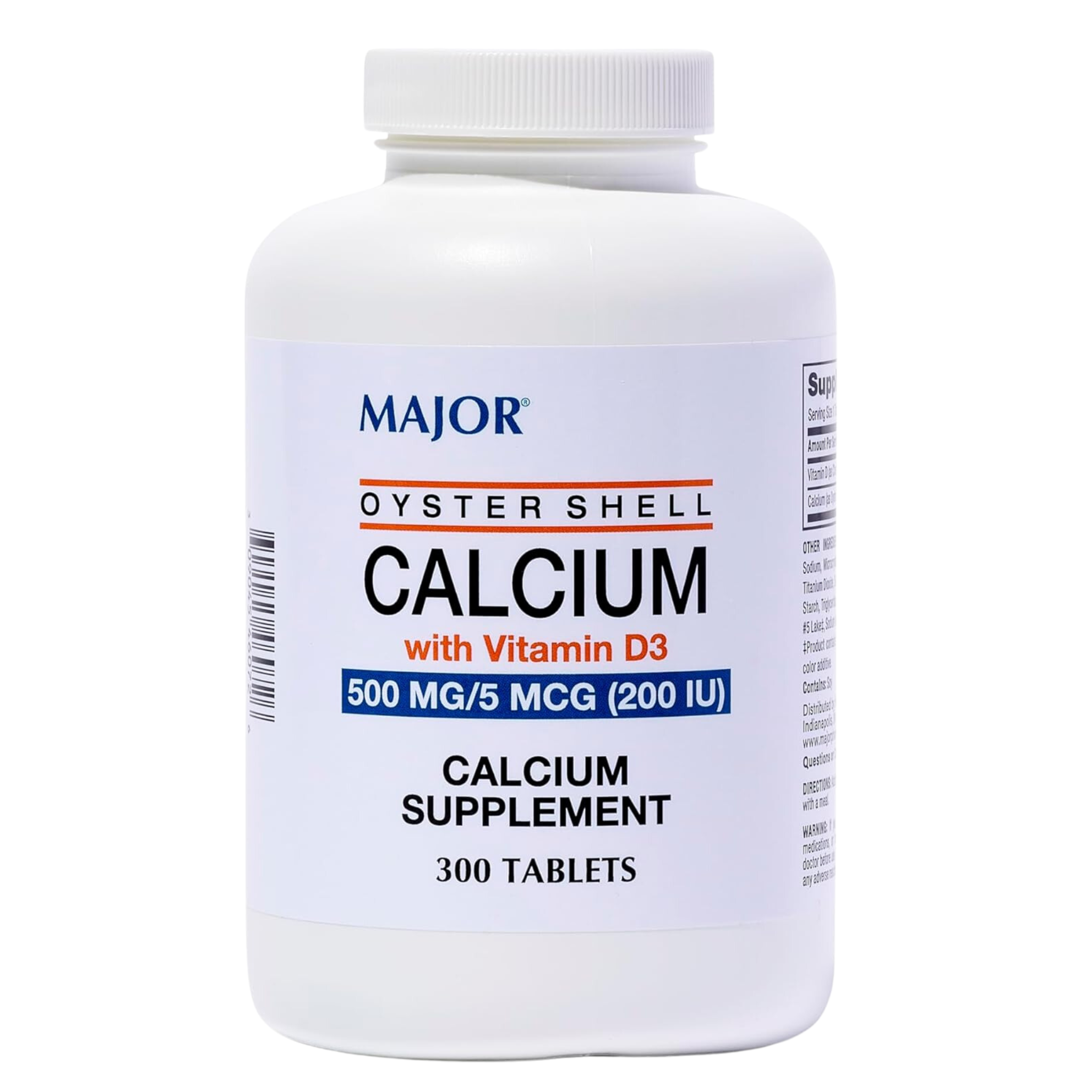 Major, Oyster Shell Calcium 500 mg with Vitamin D3, Bone Health Supplement, 300 Green Tablets