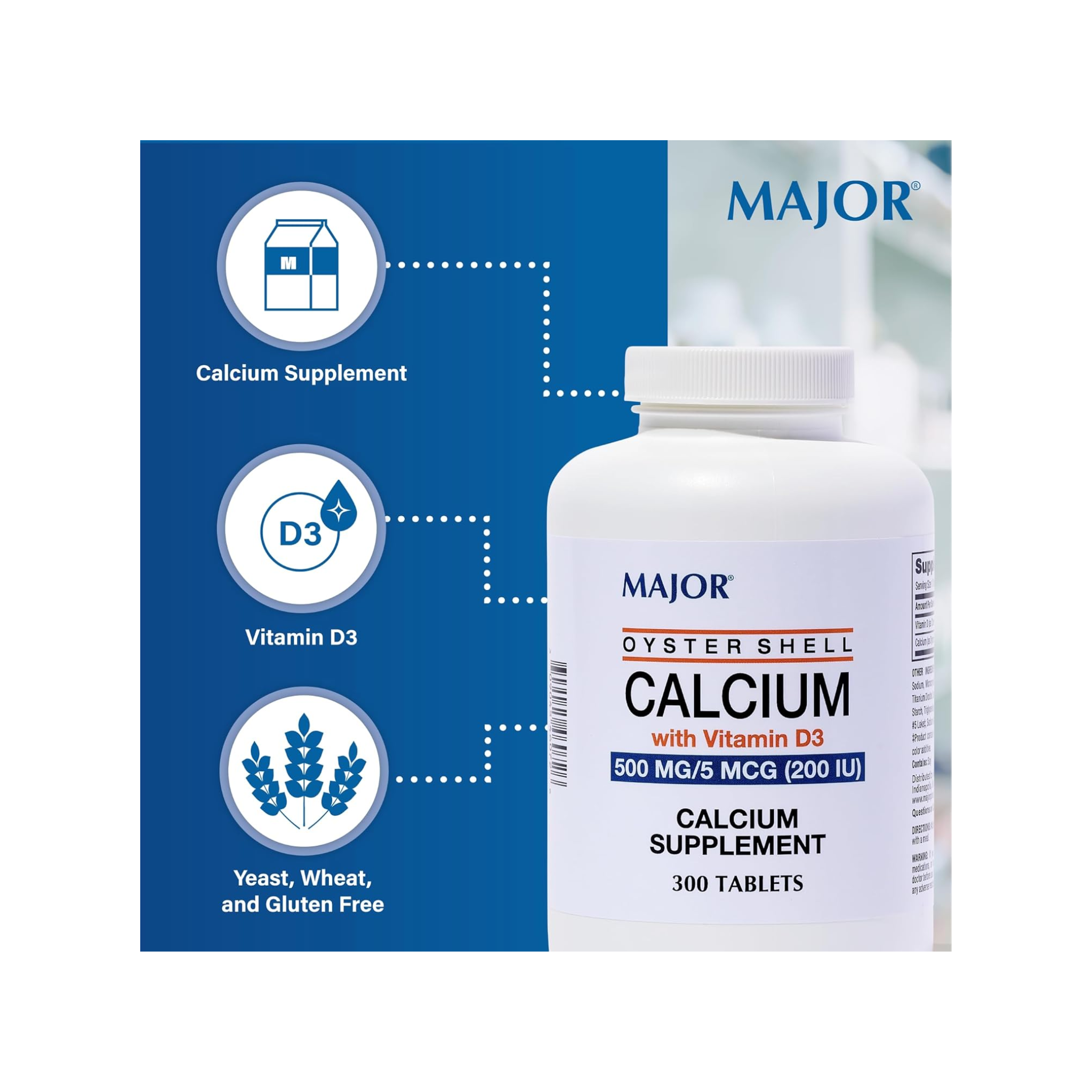 Major, Oyster Shell Calcium 500 mg with Vitamin D3, Bone Health Supplement, 300 Green Tablets
