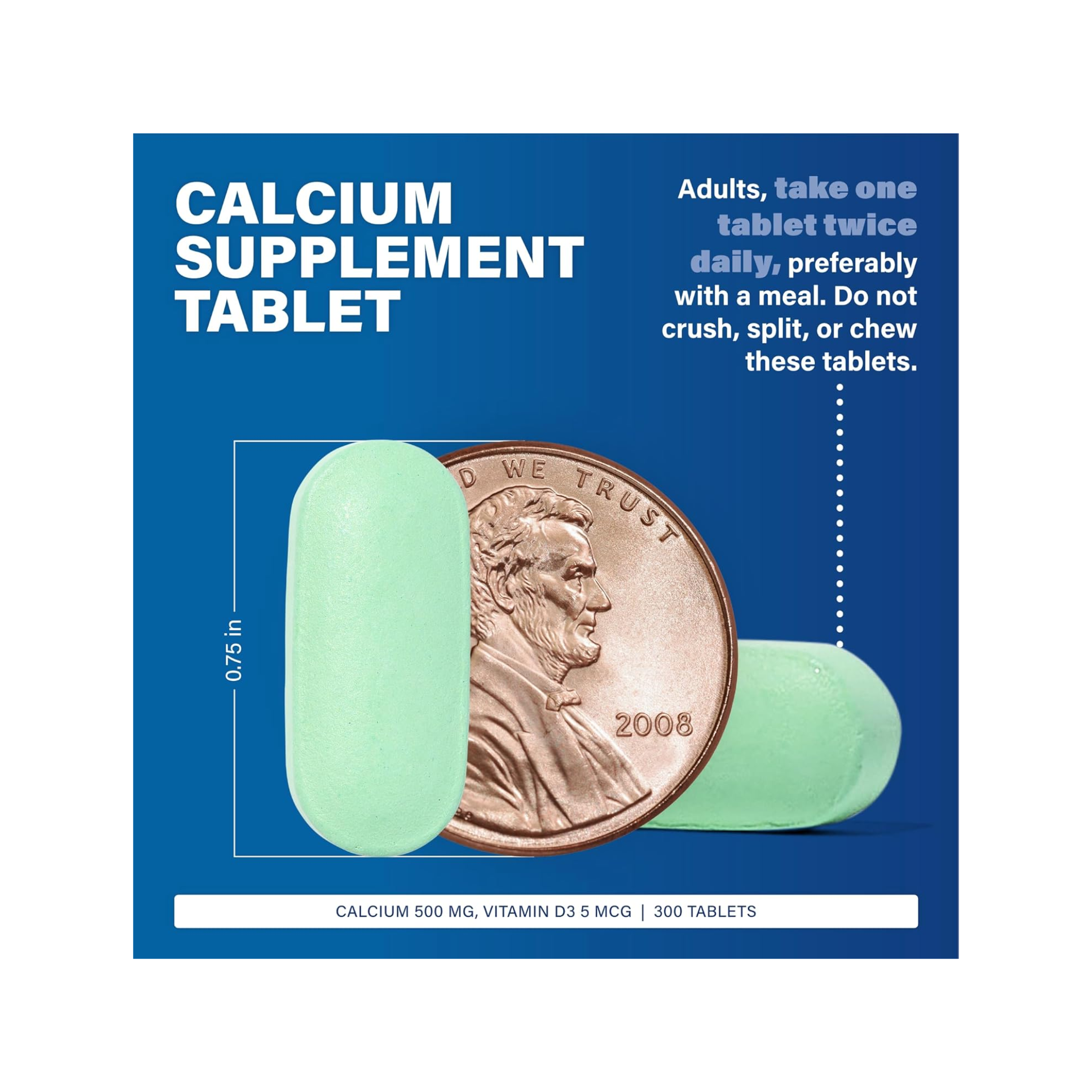 Major, Oyster Shell Calcium 500 mg with Vitamin D3, Bone Health Supplement, 300 Green Tablets