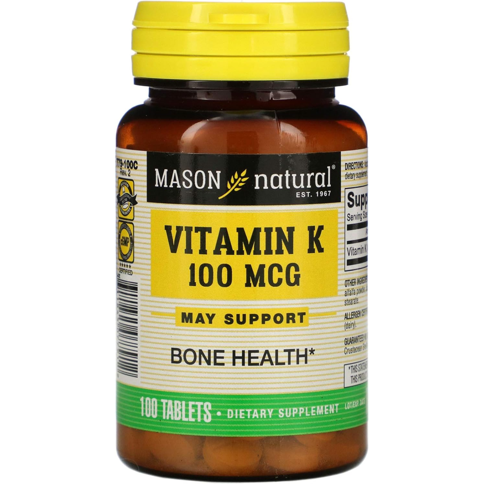 Mason Vitamins, Vitamin K 100 mcg Tablets, Supports Healthy Blood Clotting, 100-Count Bottles
