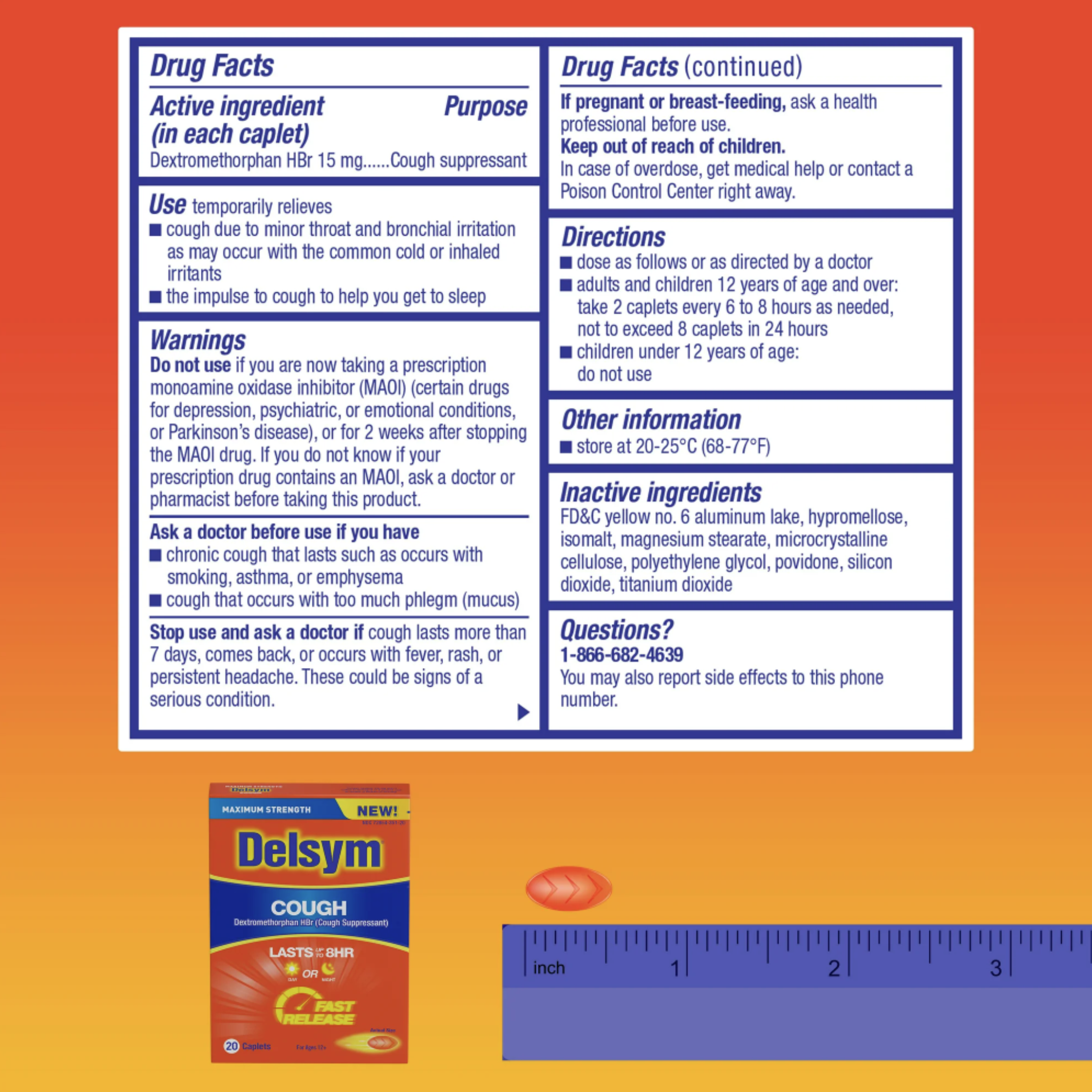 Maximum Strength Delsym Cough Suppressant, Fast Release Caplets, lasts up to 8 hour day or night, 20 count