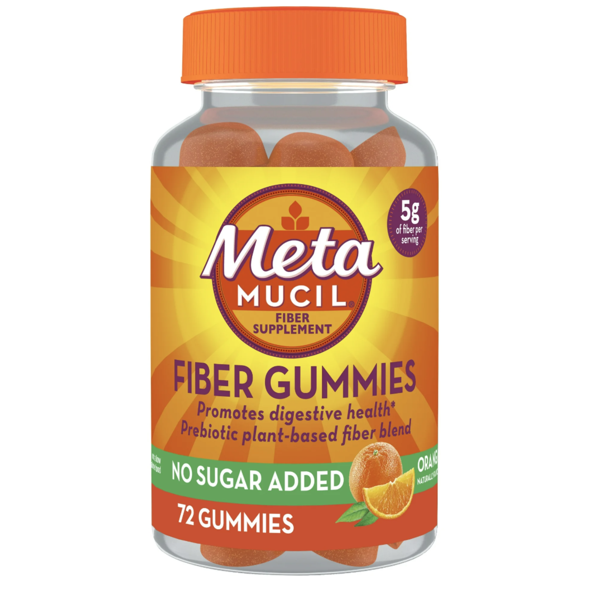 Metamucil Fiber Supplement Gummies, Sugar Free Orange Flavor, 5g Prebiotic Plant Based Fiber Blend, 72 Count