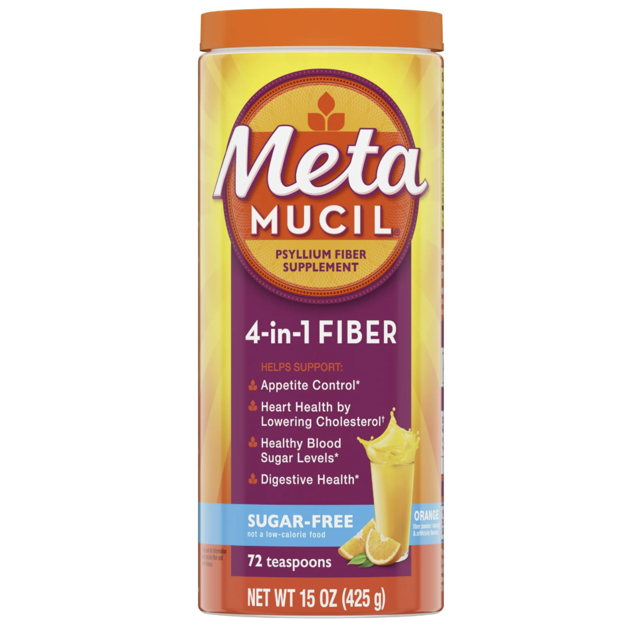 Metamucil Psyllium Husk Fiber Supplement for Digestive Health, Sugar Free, Orange, 72 Servings