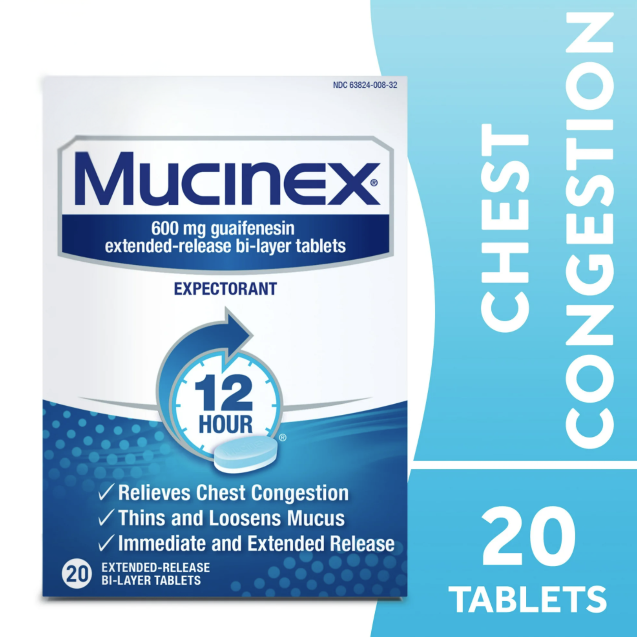 Mucinex 12 Hour Expectorant, OTC Medicine for Excess Mucus Relief, Chest Congestion, 20 Tablets