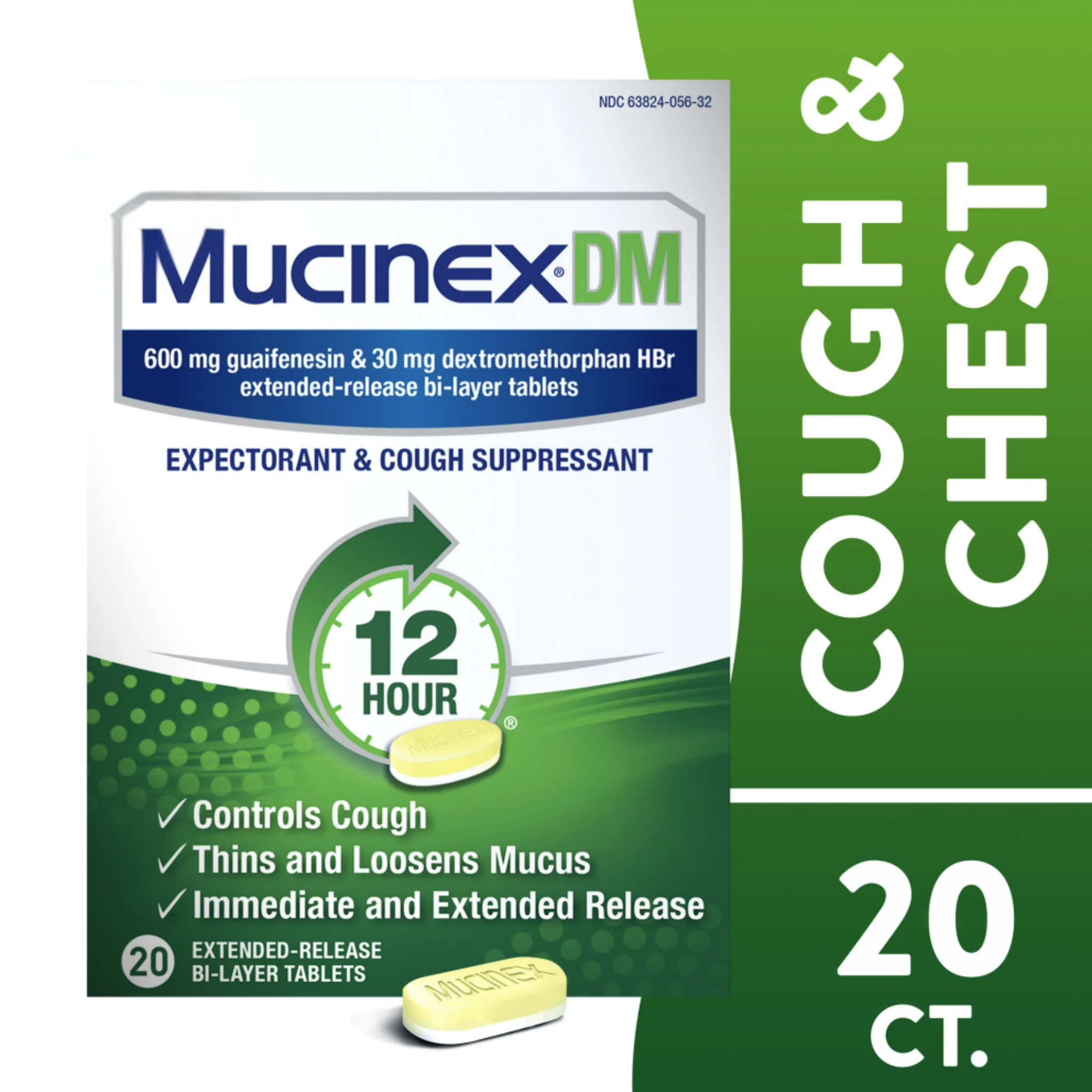 Mucinex DM 12 Hour Expectorant & Cough Medicine, Excess Mucus Relief & Cough Suppressant, 20 Tablets