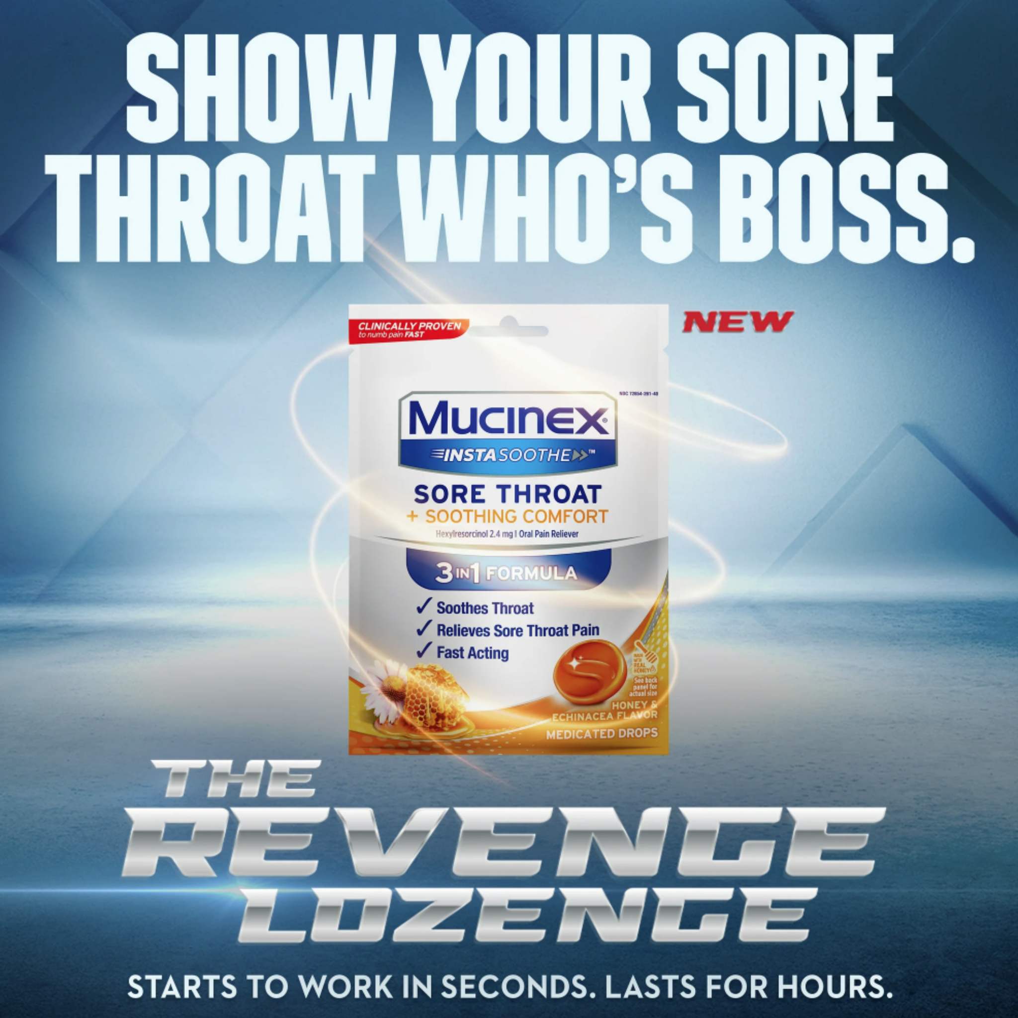 Mucinex InstaSoothe Sore Throat + Soothing Comfort Honey & Echinacea Flavor, Fast Acting, Powerful Sore Throat Oral Pain Reliever, 20 Medicated Drops - Pharmaful