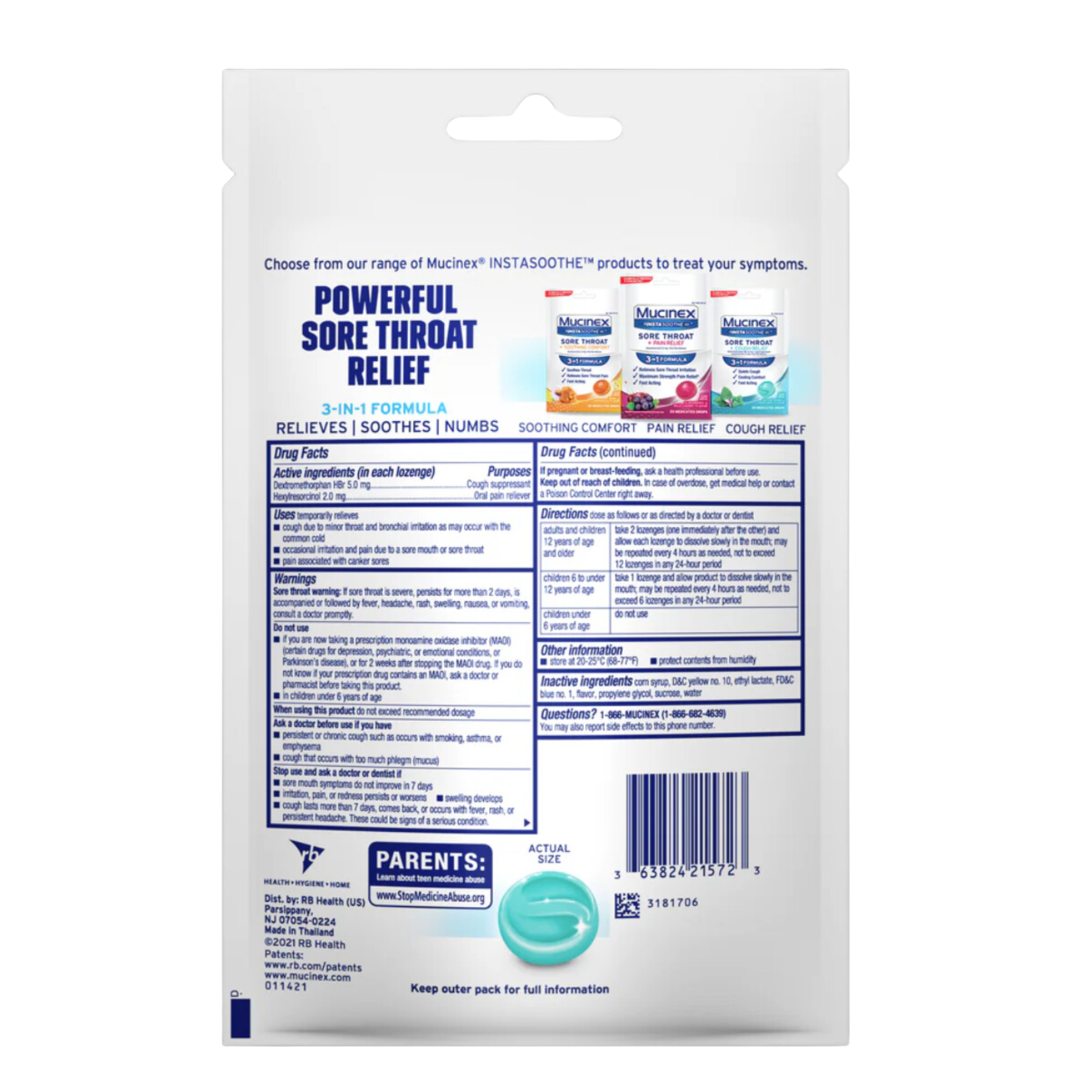 Mucinex Instasoothe Sore Throat + Cough Drops, Alpine Herbs & Fresh Mint Flavor, 20 Medicated Throat Drops - Pharmaful