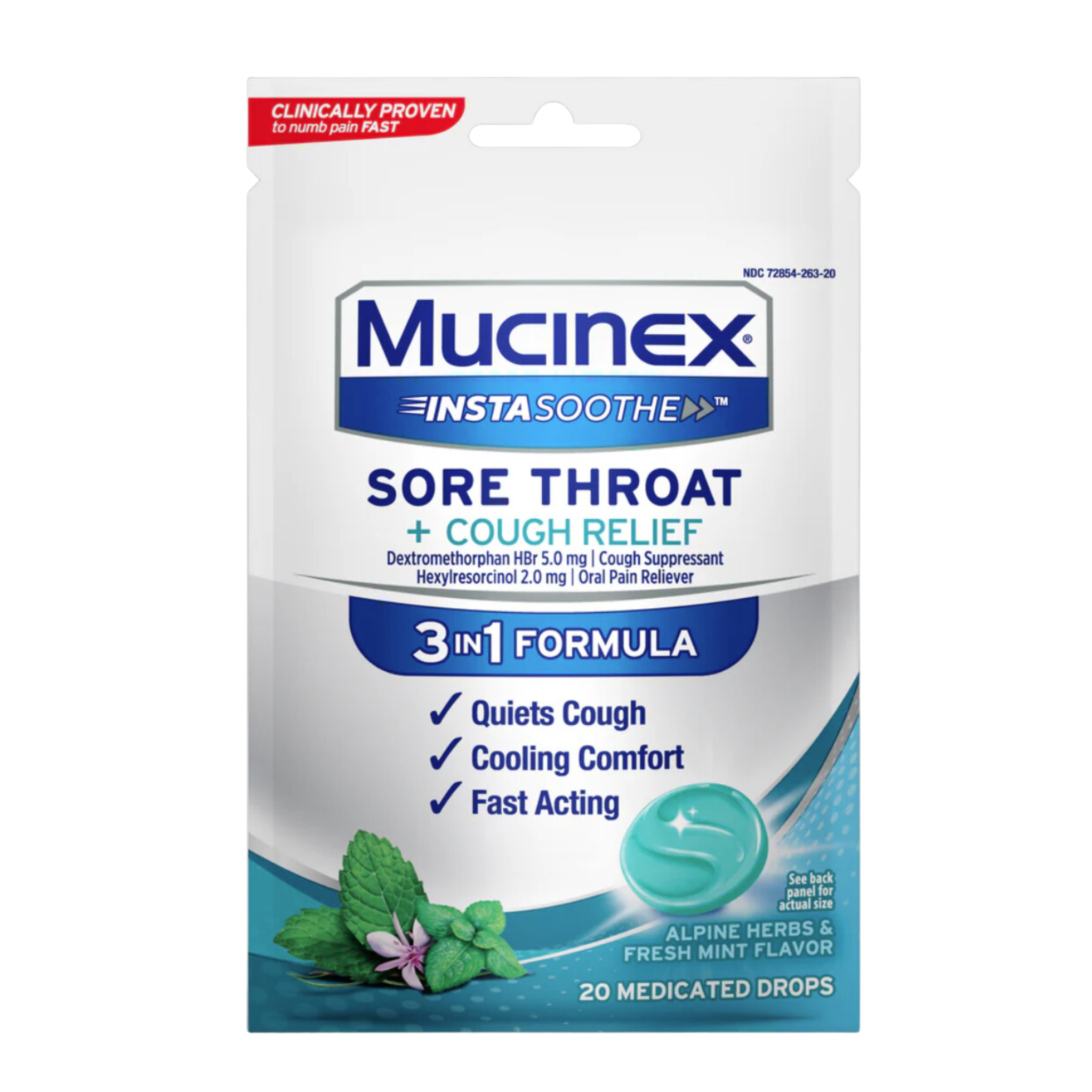 Mucinex Instasoothe Sore Throat + Cough Drops, Alpine Herbs & Fresh Mint Flavor, 20 Medicated Throat Drops