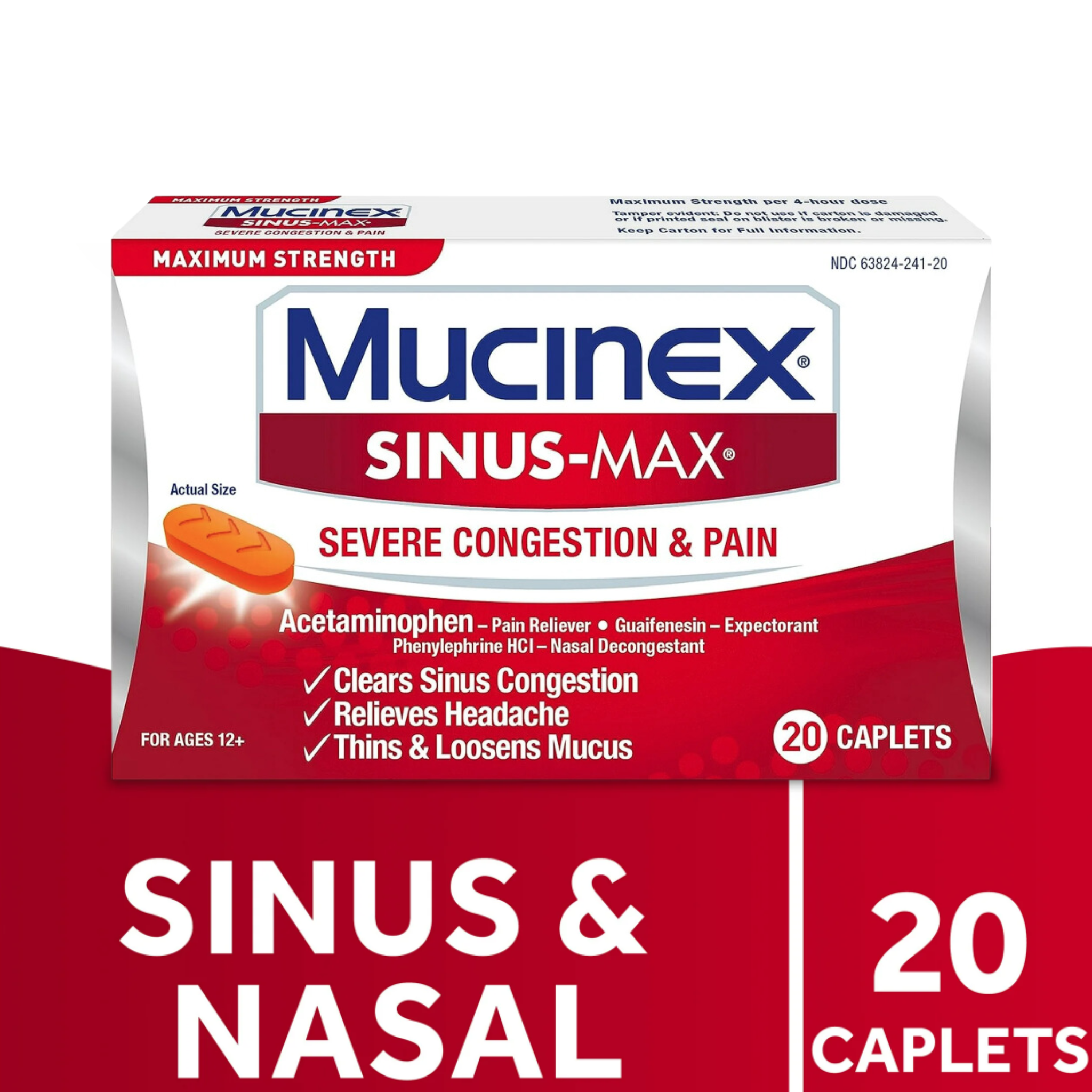 Mucinex Sinus-Max Severe Congestion & Pain Medicine, OTC Headache Relief, Nasal Decongestant, 20 Caplets