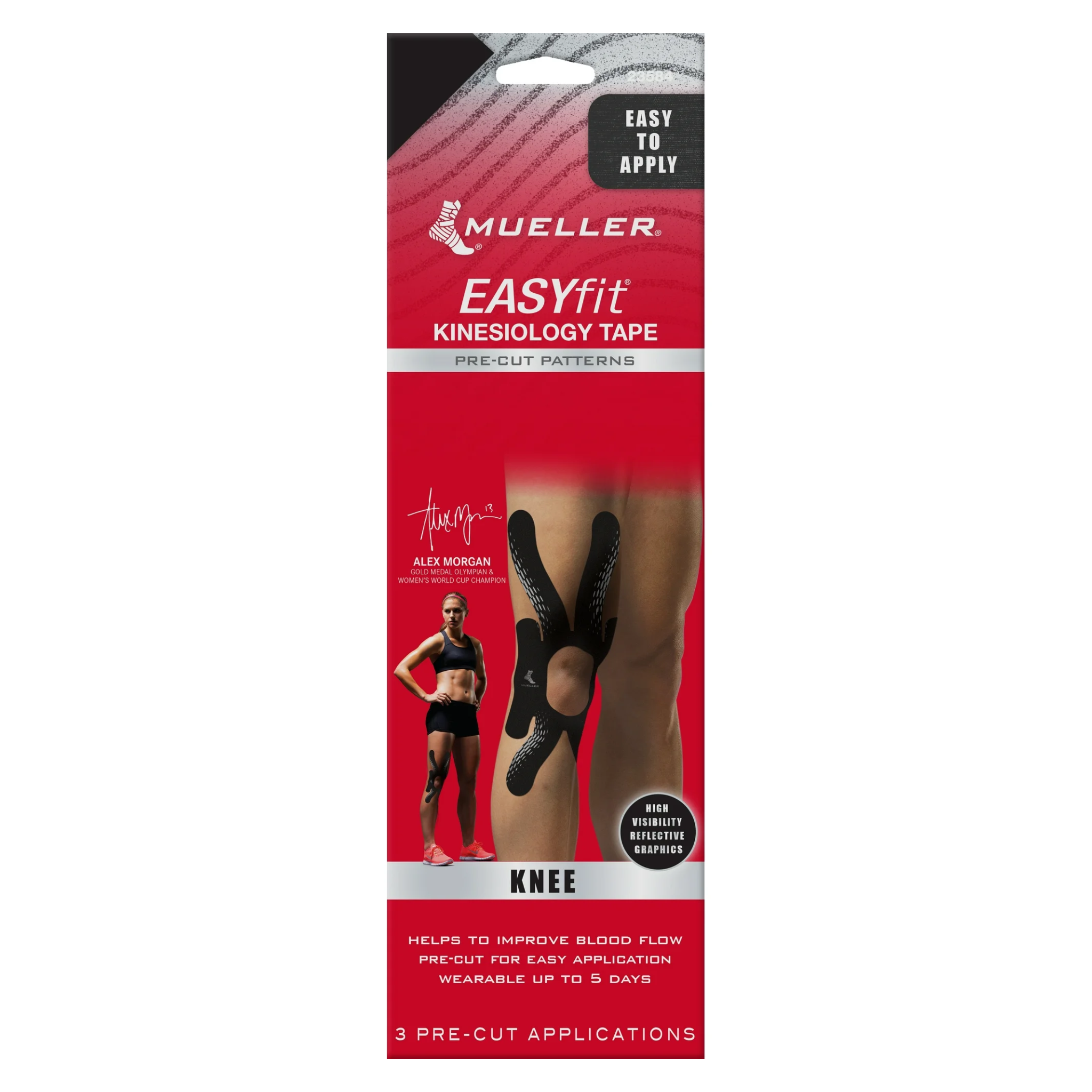 Mueller, EasyFit® Knee Support Kinesiology Sports Tape, Pre-Cut for Joint Stability and Comfort, Black, 3 Pack