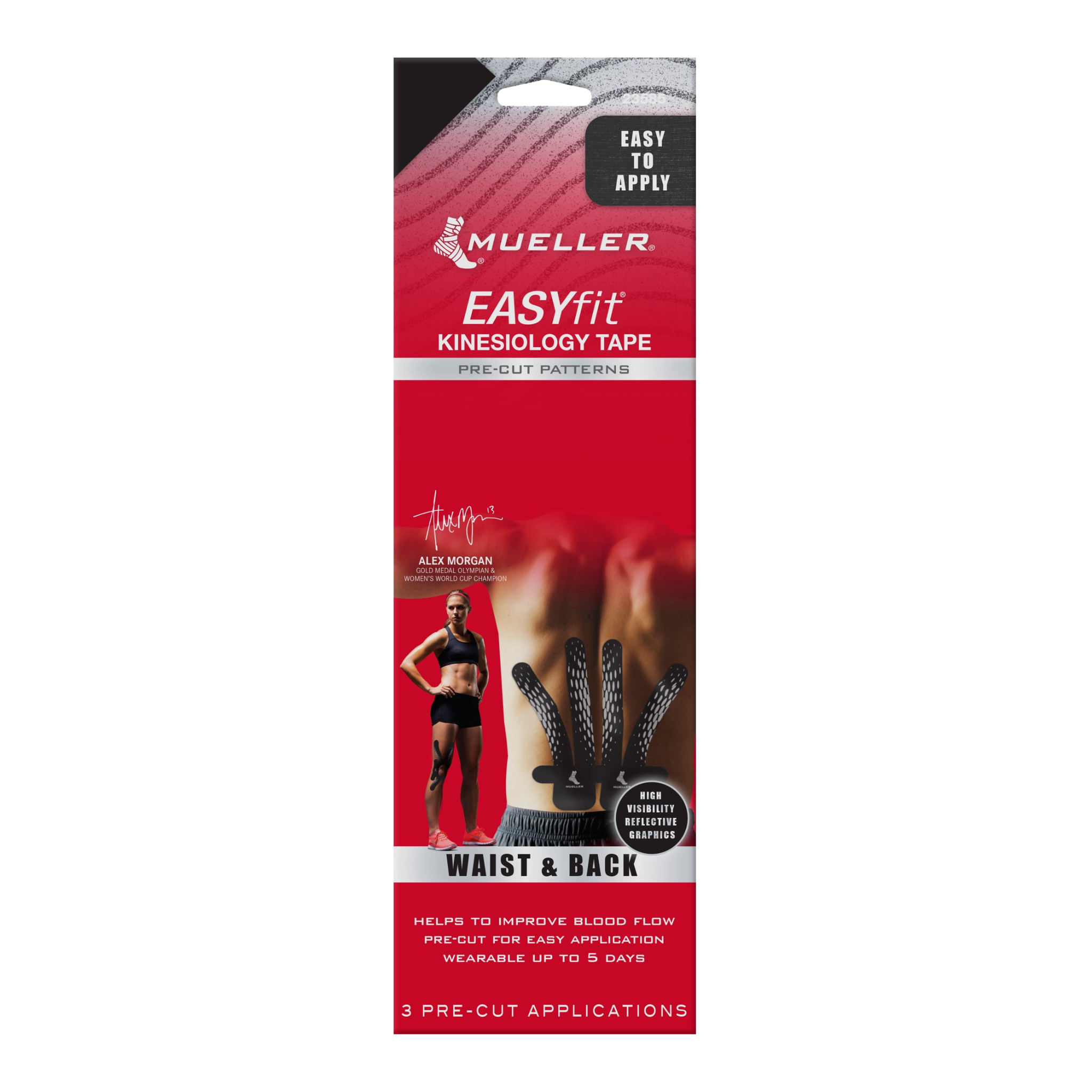 Mueller, Easy Fit Kinesiology Tape, Pre-Cut Patterns for Back/Waist, Flexible and Supportive Muscle Recovery, Black, 3 Count