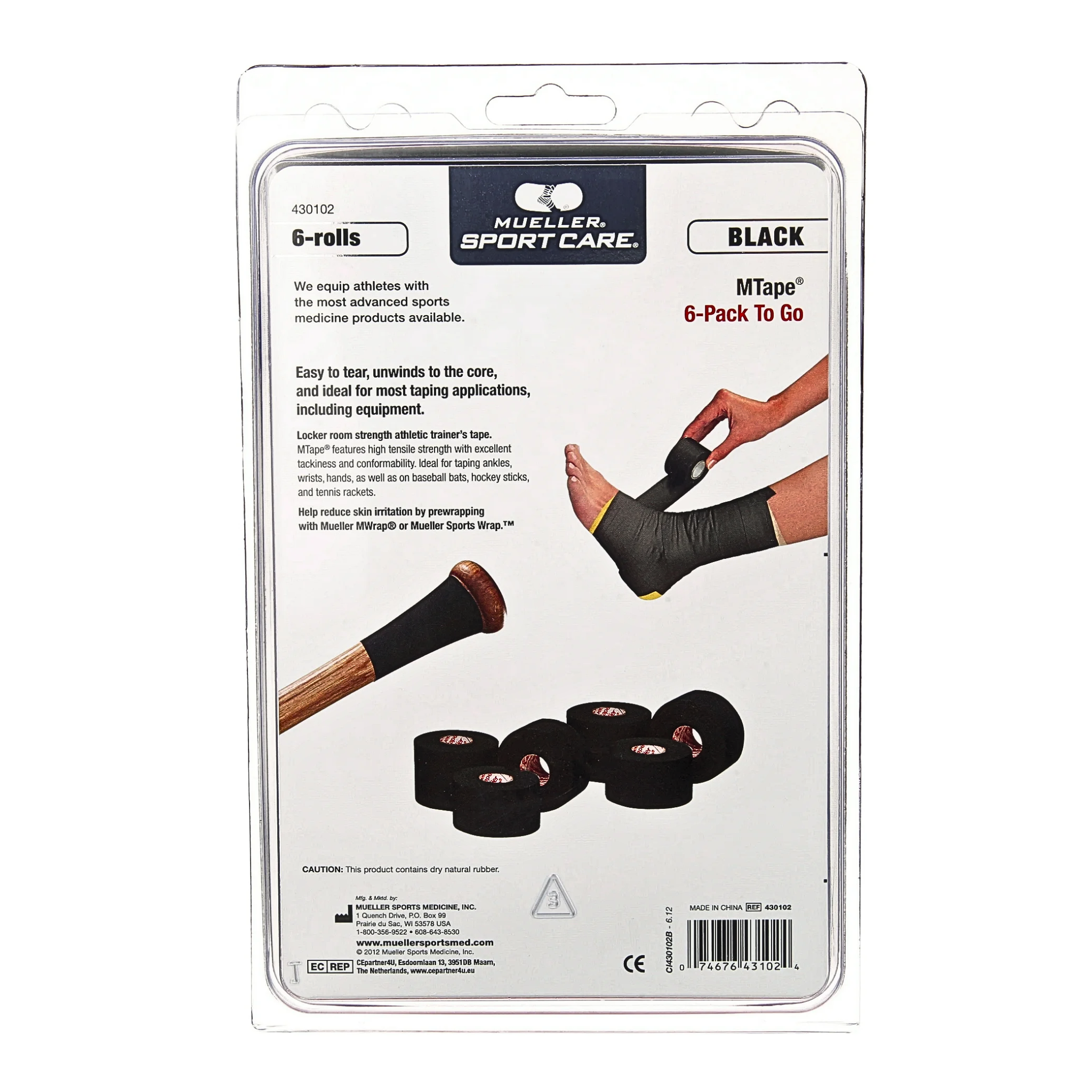 Mueller, MTape Athletic Tape, Strong and Supportive Sports Tape for Injury Prevention, Black, 1.5" x 10 yd, 6-Pack