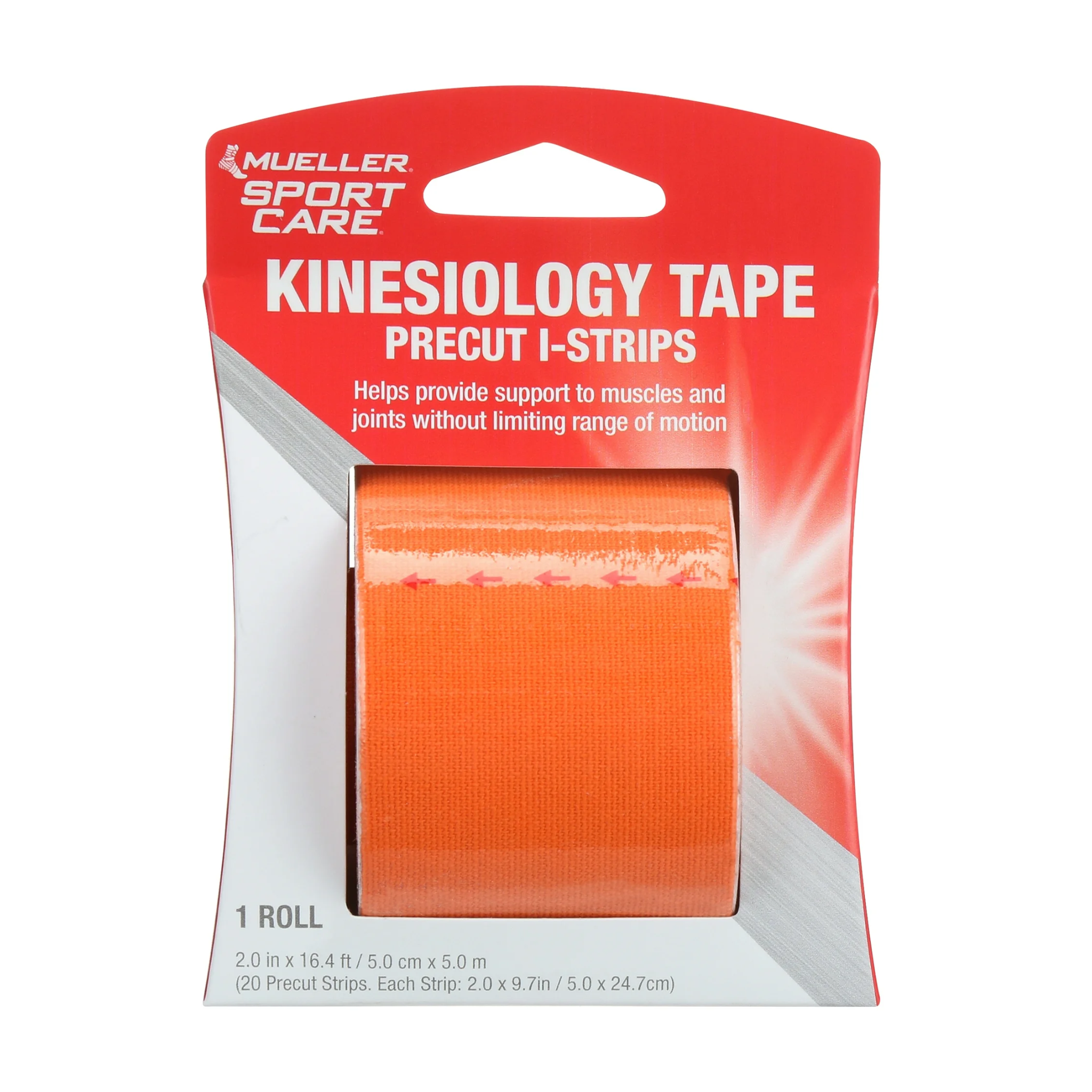 Mueller, Kinesiology Tape, Precut I-Strip Roll for Targeted Muscle Support, Orange, 20 Strips