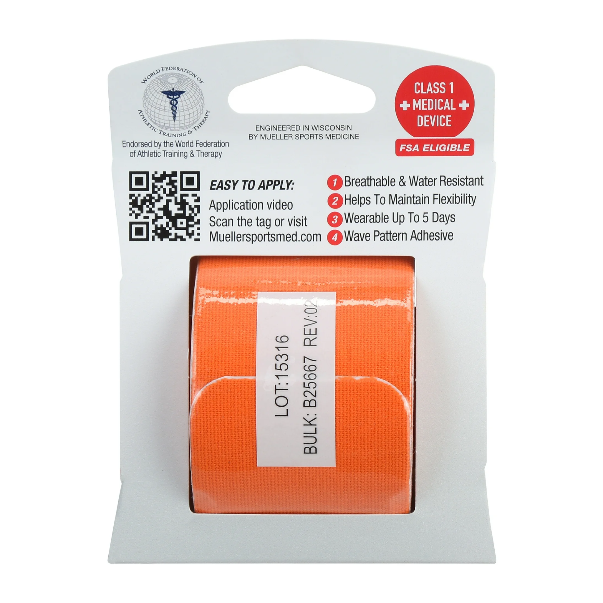 Mueller, Kinesiology Tape, Precut I-Strip Roll for Targeted Muscle Support, Orange, 20 Strips