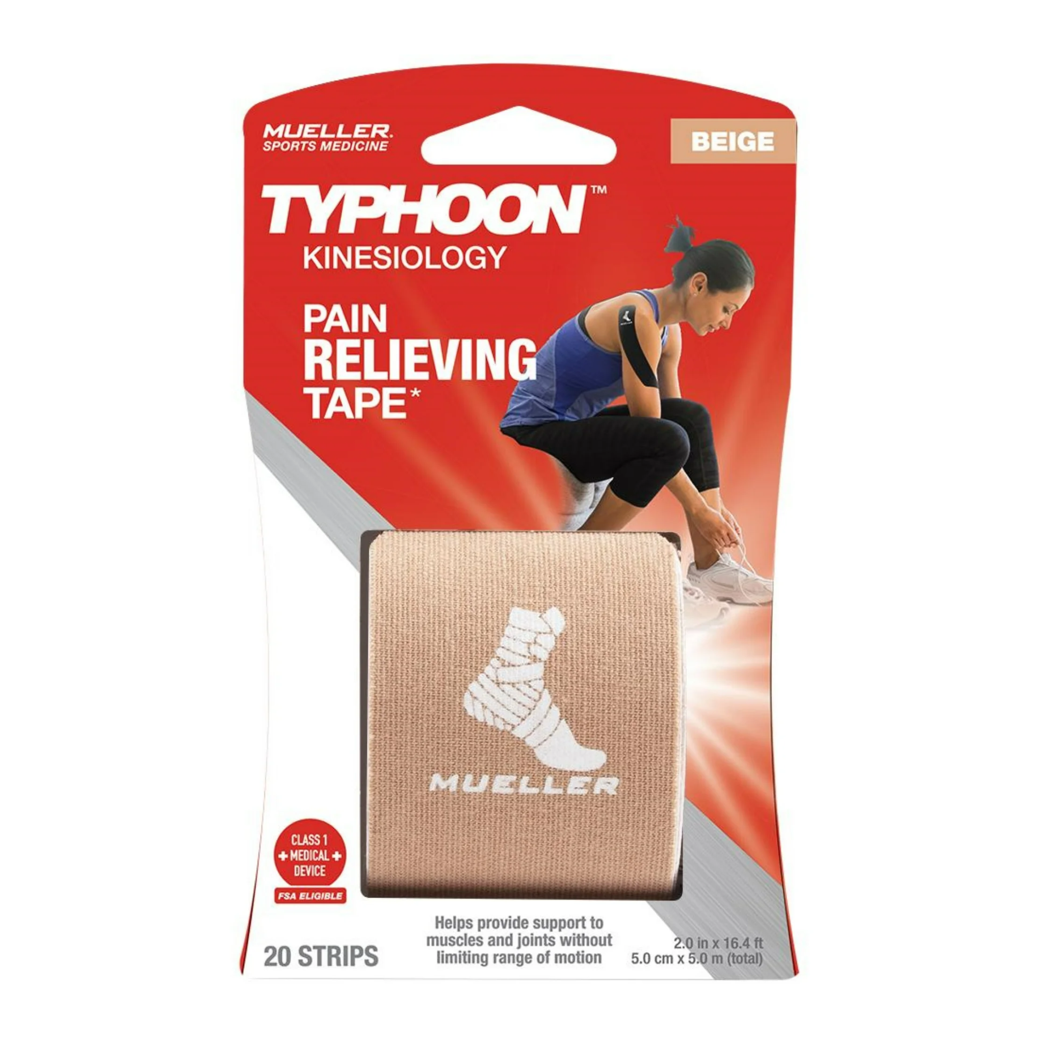 Mueller, Typhoon Kinesiology Therapeutic Tape, Precut I-Strips for Muscle Support, Beige, 20 Strips